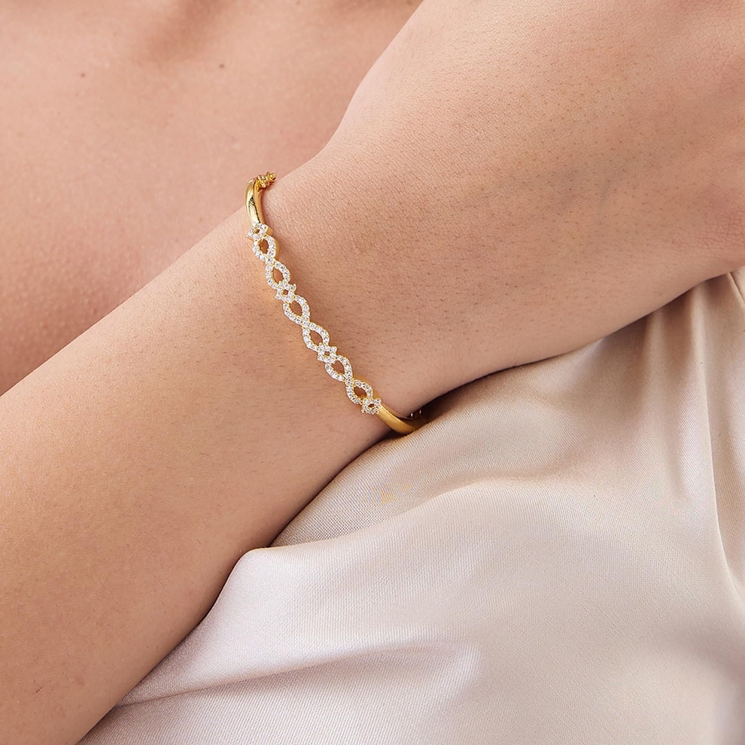 MAIRA 925 Sterling Silver Infinity Kada Bracelet | Micron 18K Gold Plated Cubic Zirconia Anti Tarnish Hypoallergenic Kada for Women |Valentine Gift for Women| Certificate of Authenticity - Image 2