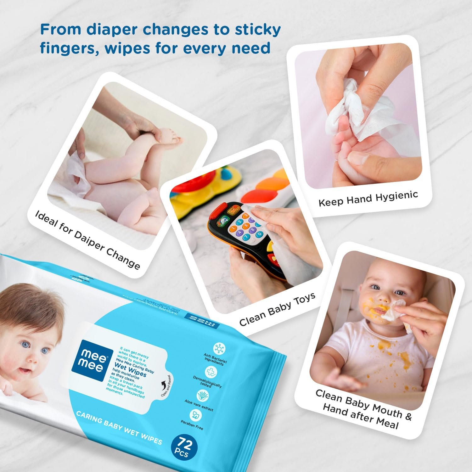 Mee Mee Soft Gentle Baby Wet Wipes (72 Wipes) Pack of 5 | Infused with Aloe Vera and Vitamin E | Paraben & Sulphate Free | Cleansing Wipes | Wipes Combo for Babies - Image 5