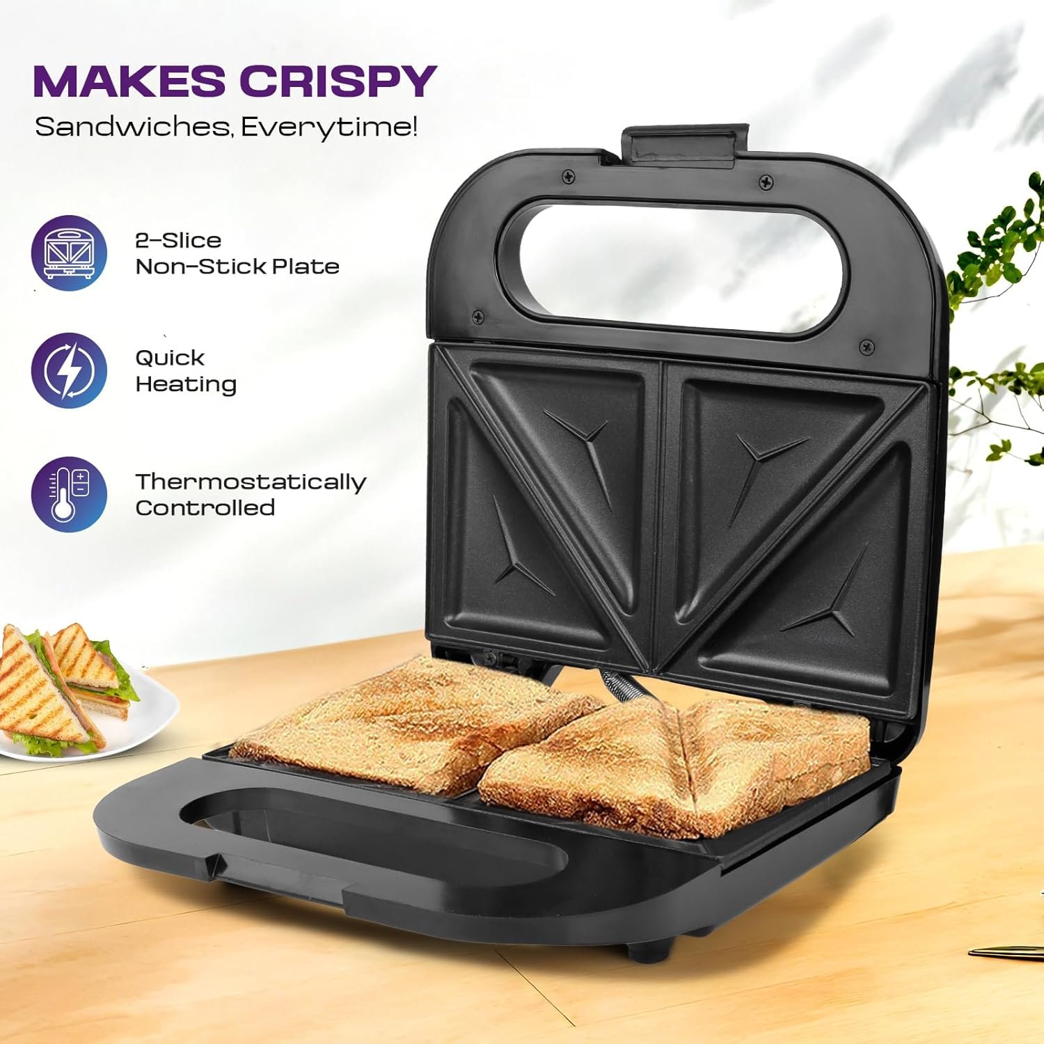 Milton Royal Express 800W Toaster Sandwich Maker | Auto Cut Off | Non-Stick Fixed Grill Plates | Easy Clean | Power Indicators | 1 year Manufacturer Warranty - Black - Image 3