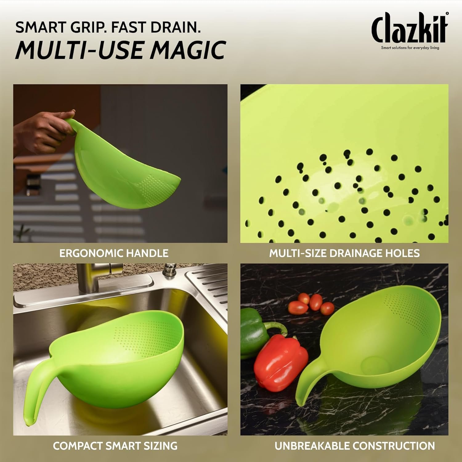 Clazkit Multi-Purpose Strainer or Washer Bowl for Rice Fruits & Vegetable Rice Bowl Color May Vary, Plastic - 10.2 x 17.5 x 24.3 Centimeters - Image 4