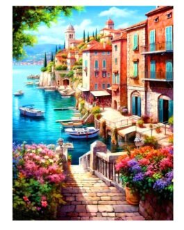 HASTHIP® Diamond Painting Kit 12×16 inch DIY Diamond Art Craft Kit Lakeside Town Scenery Diamond Painting Material Kit for Home Wall Decor Home Gift, with Tools and Accessories