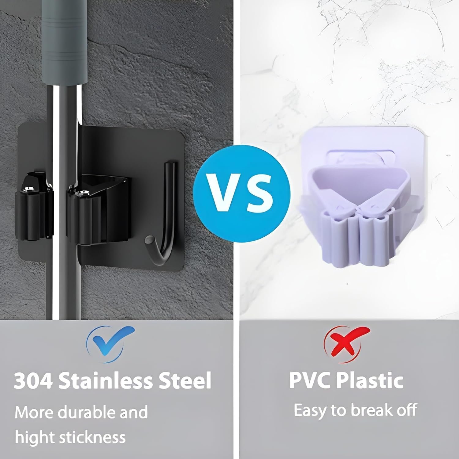 JIALTO 2 Pieces Stainless Steel Broom Holder with Hook - Wall-Mounted Adhesive Waterproof Rustproof Heavy Duty Broom and Mop Stick Holder for Home, Kitchen, - Image 3