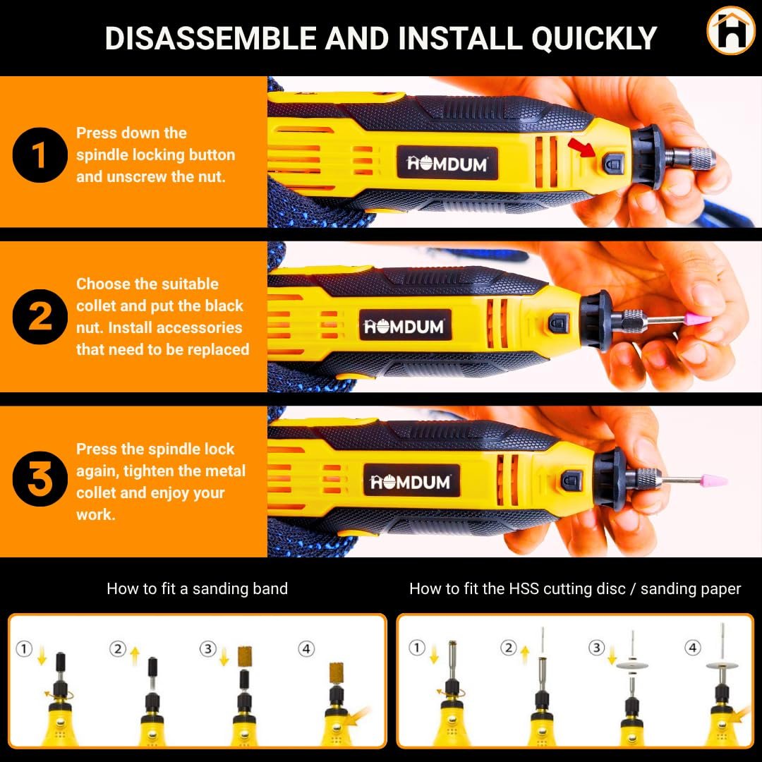 Homdum 152Pcs Universal Chuck Rotary Tool Kit Die Grinder 160W with 6 Variable Speed, Cutting,Sanding, Polishing, Engraving, Carving Tools for DIY Crafting and Home Repair Projects 6 months warranty - Image 6
