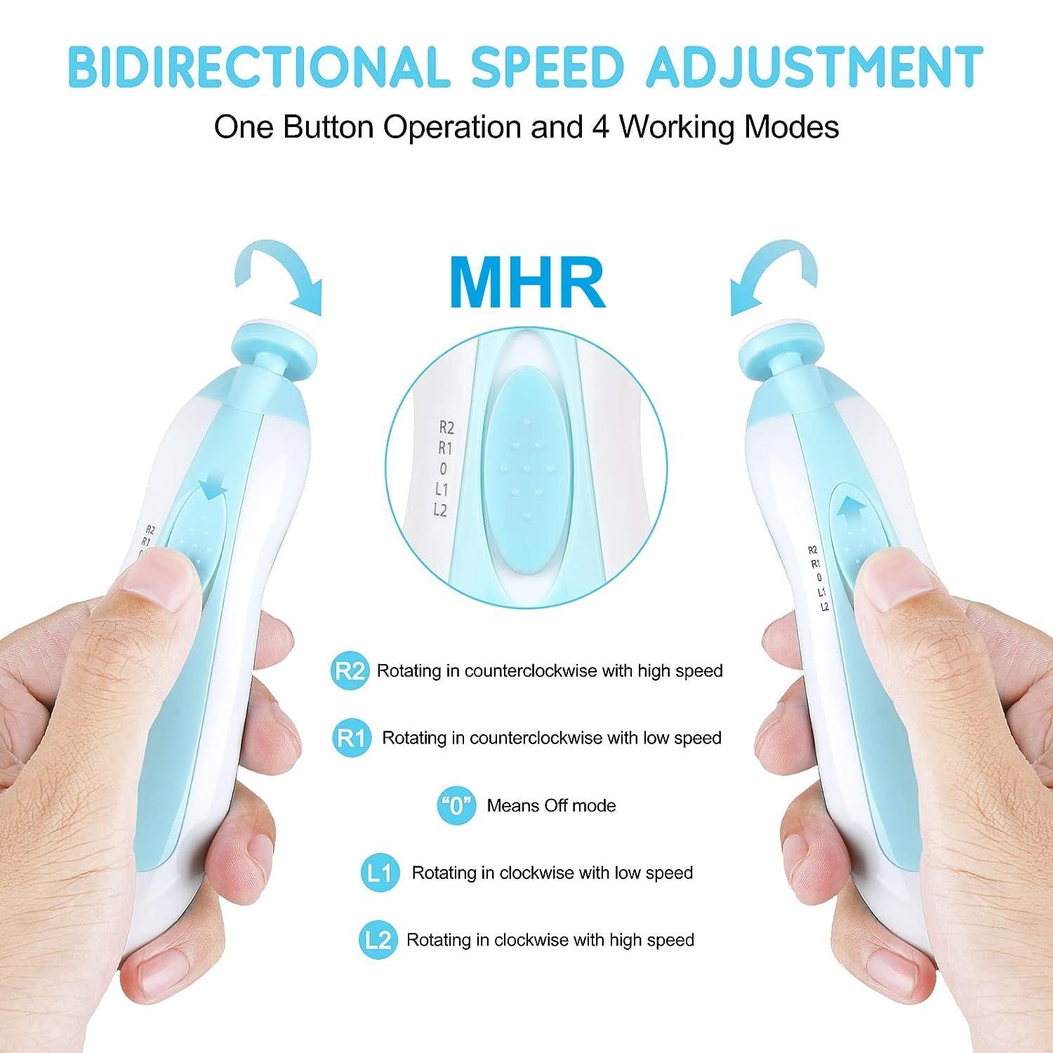 MHR Baby Nail Trimmer Electric, Safe Baby Nail File,Baby Nail Clippers with Light &6 Grinding Pads for Newborn Toddler or Adults Toes and Fingernails, Kids Nail Care, Polish Trim,Multicolor,Pack of 1 - Image 3