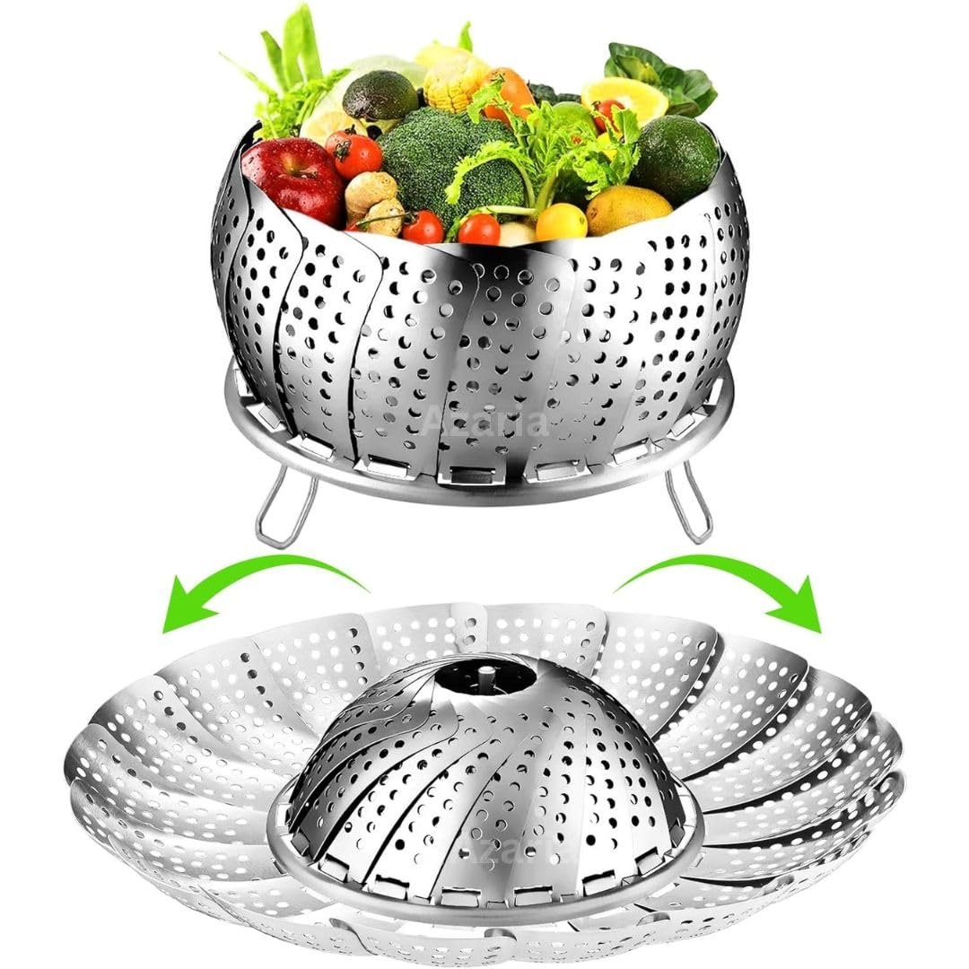 Azaria Vegetable Steamer Basket - Premium Stainless Steel Steamer for Kitchen | Momos Maker Steamer | Folding Expandable Steamer for Vegetables | Vegetable Steamer for Cooking