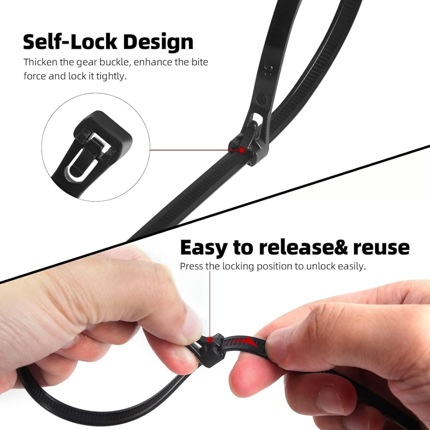 Hian 8 Inch Releasable Zip Ties, Reusable Nylon Cable Ties, For Wire Organizers, Home Improvement, Office, Outdoor, DIY Projects, Gardening, Strong, Adjustable, Multi-Use Cable Fasteners (Pack of 100) - Image 3