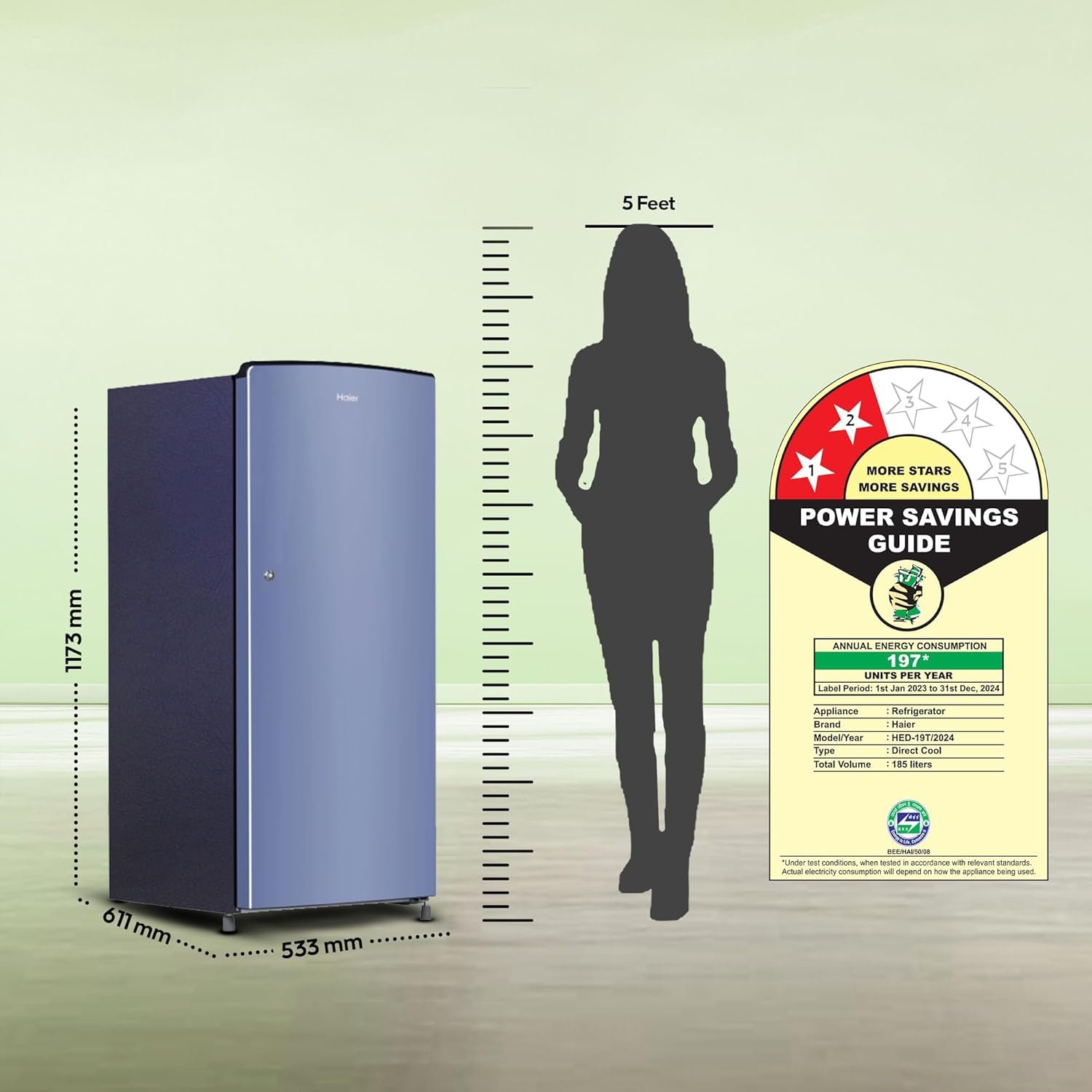 Haier 185 L, 2-Star Direct-Cool Single Door Refrigerator with DEFT Technology & Large Vegetable Box (HED-19TRB-N, Radish Blue) - Image 6