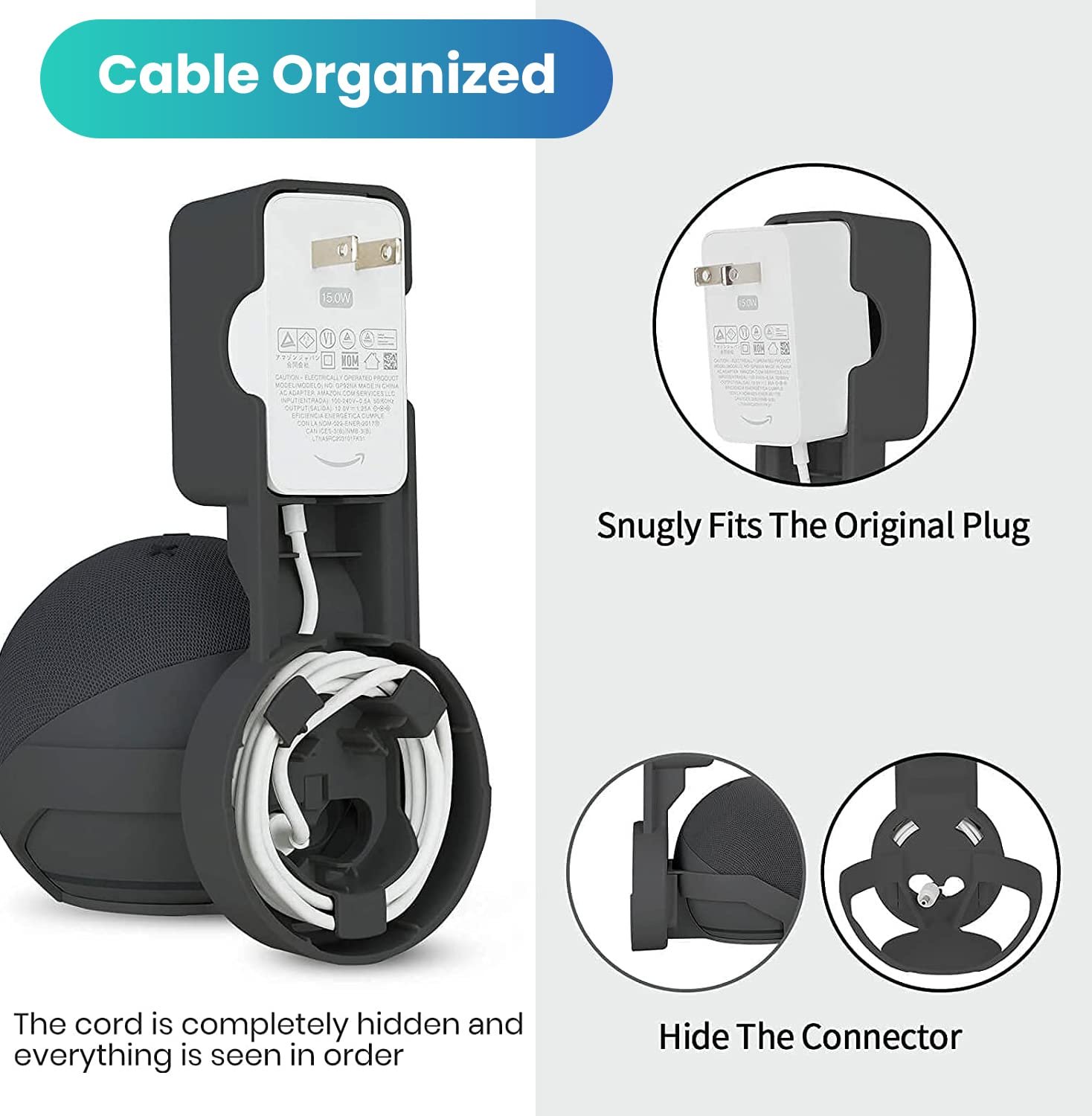 Verilux® Wall Mount Holder for Echo Dot 4th/5th Generation, Wall Holder for Alexa Echo Dot 4th/5th Gen A Space-Saving Solution with Cord Management for Your Smart Home Speakers, Black (Holder Only) - Image 4