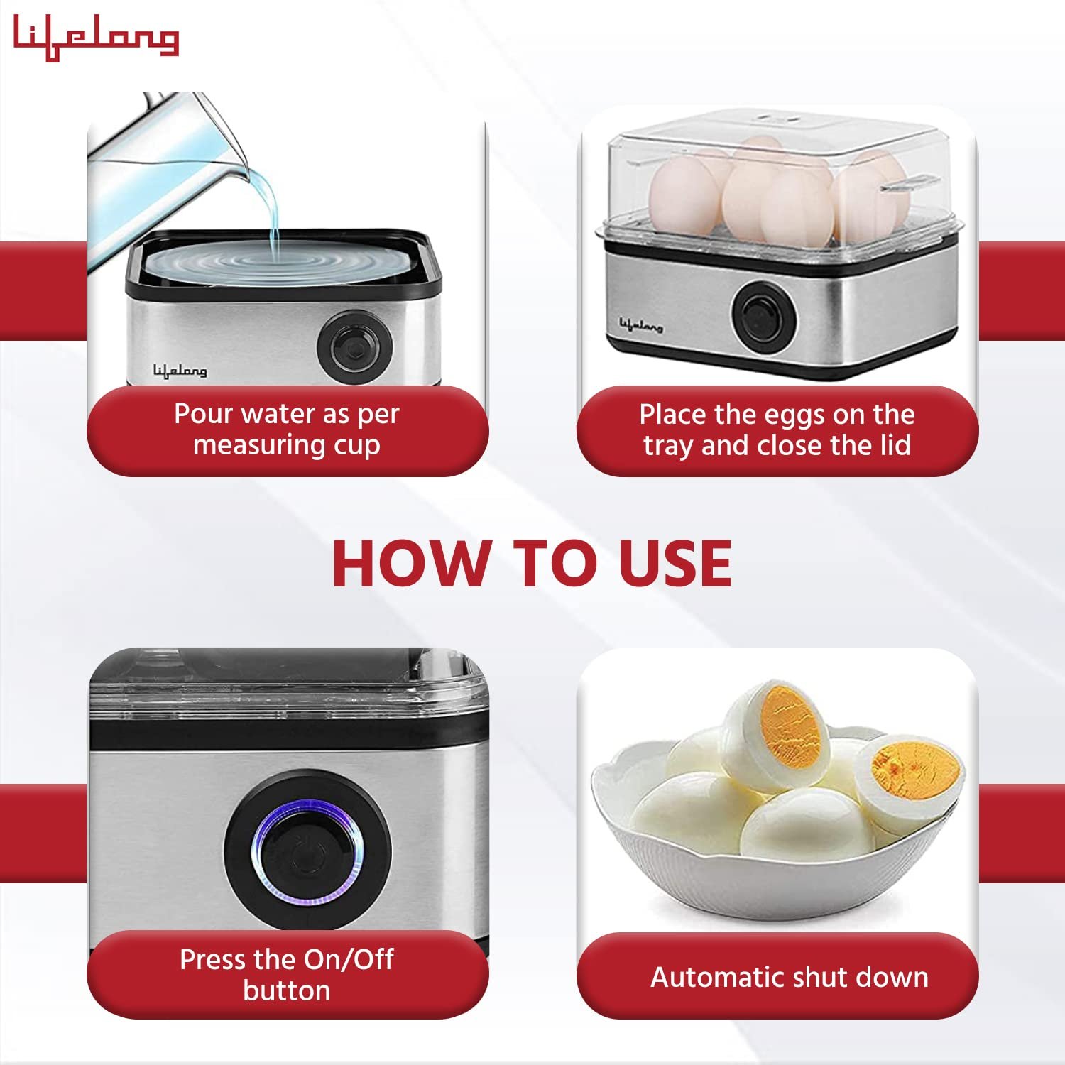 Lifelong 2-in1 Egg Boiler and Poacher 500-Watt (Black), Boil 8 eggs, Poach 4 eggs, Easy to clean| 3 Boiling Modes, Stainless Steel Body and Heating Plate, Automatic Turn-Off - Image 5