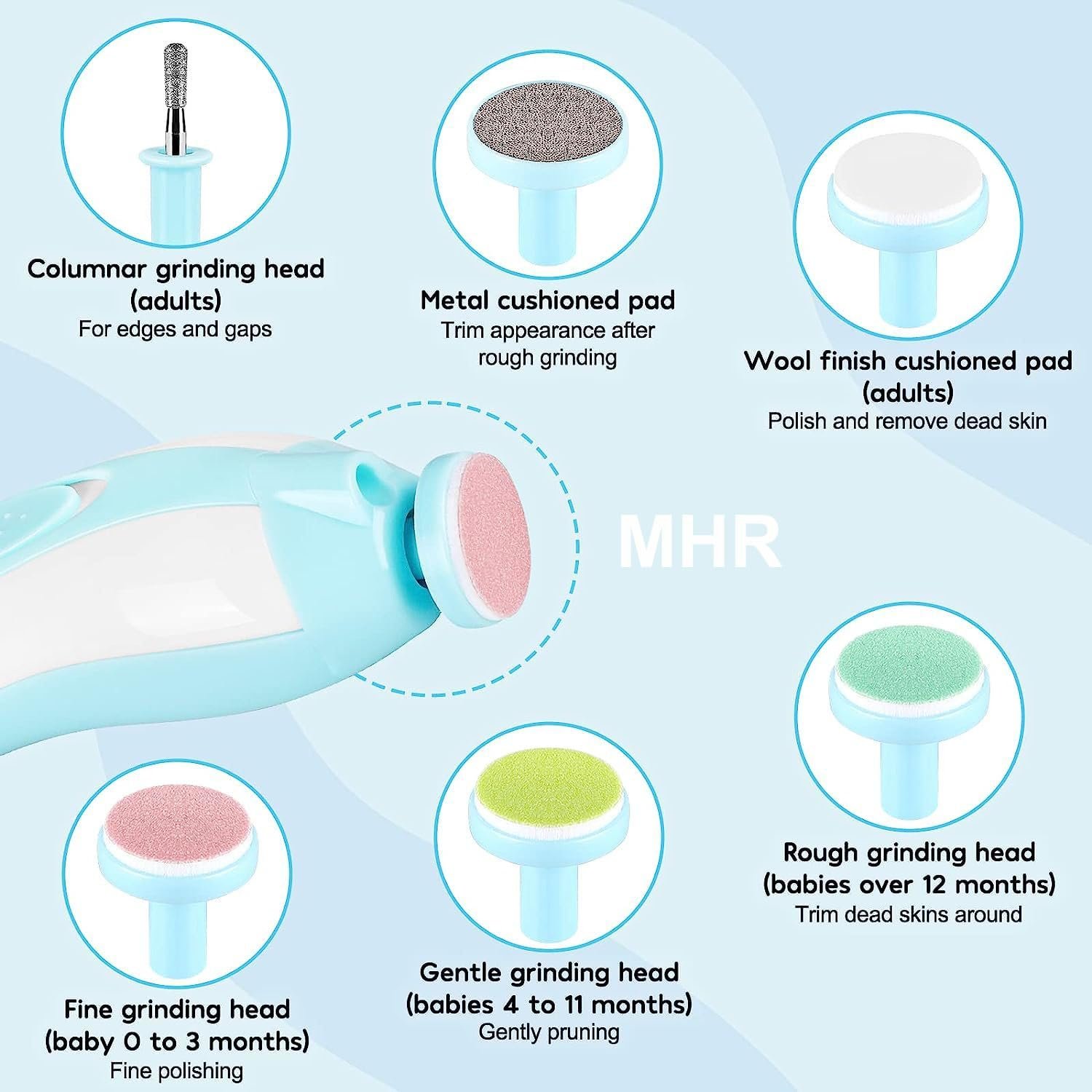 MHR Baby Nail Trimmer Electric, Safe Baby Nail File,Baby Nail Clippers with Light &6 Grinding Pads for Newborn Toddler or Adults Toes and Fingernails, Kids Nail Care, Polish Trim,Multicolor,Pack of 1 - Image 2