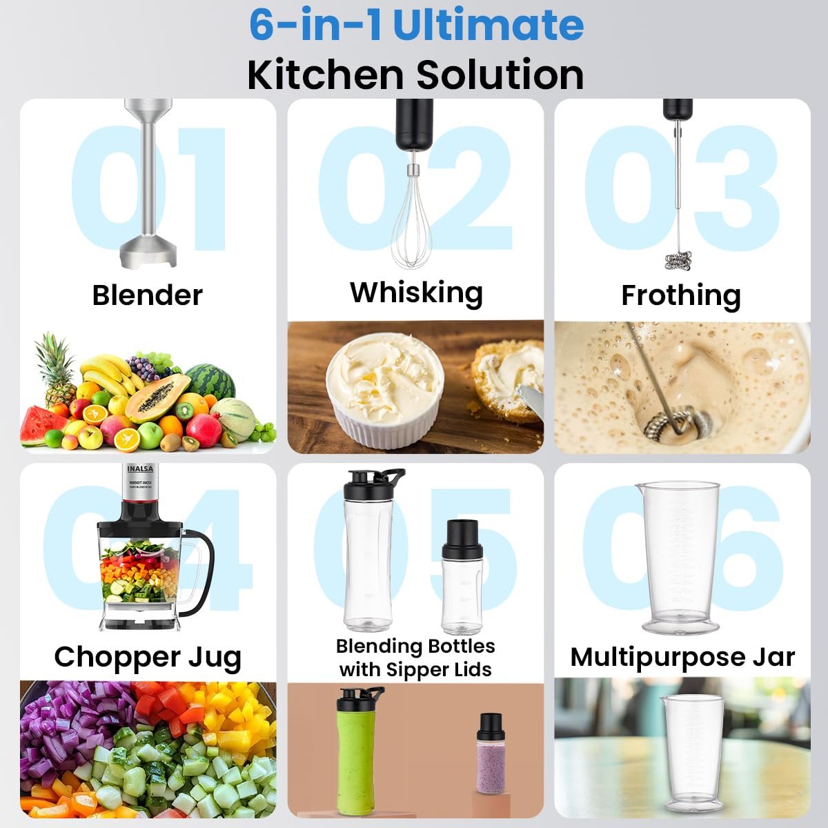 INALSA Hand Blender Mixer|1800W DC Motor|Chopping,Whisking,Frothing,Multipurpose Jar & 2Ready To Go Bottles|20 Speed Control With Turbo Speed|Stainless Steel Rod&Blades|2 Yr Warranty,1800 Blend N Go - Image 4