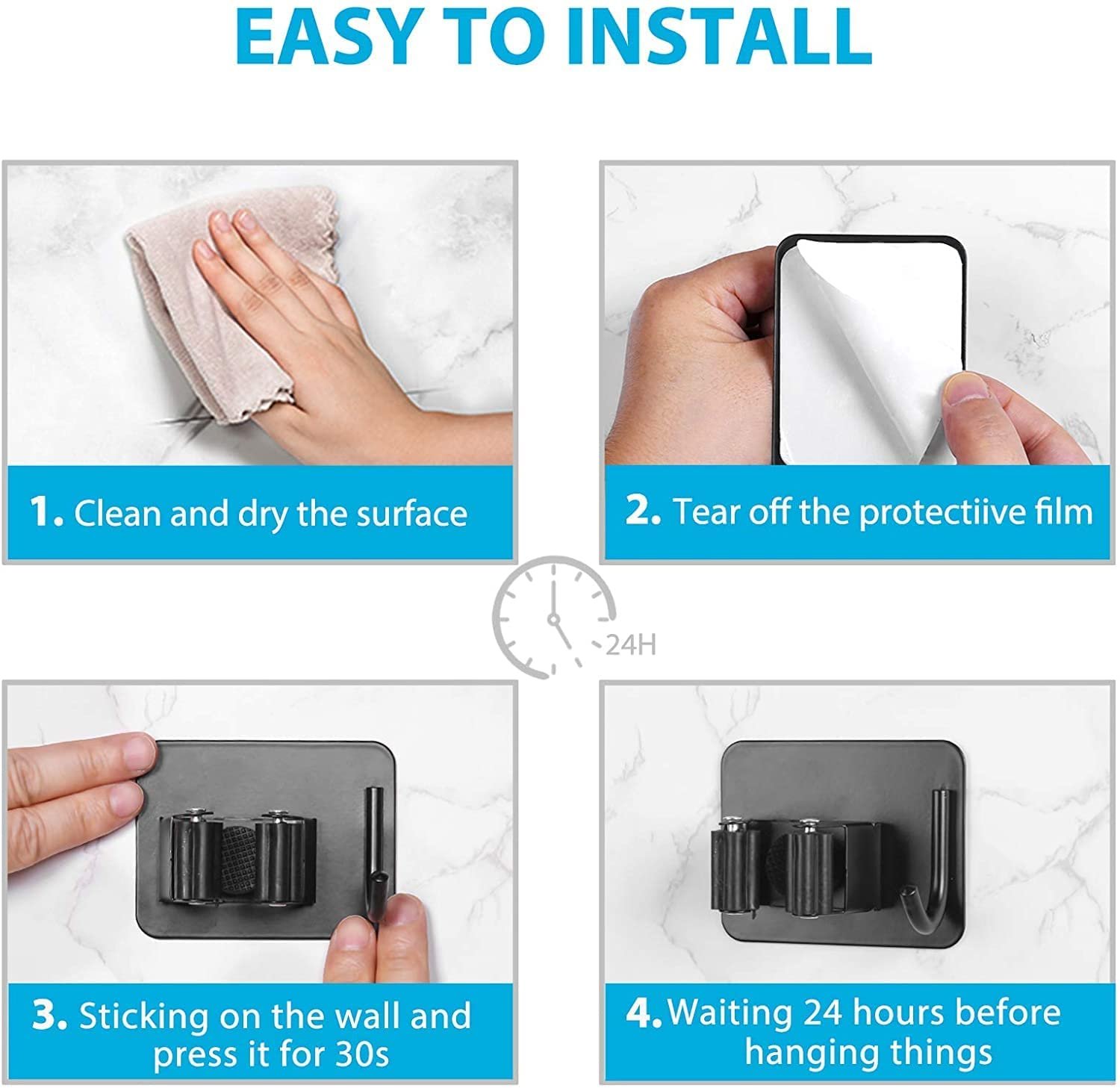 JIALTO 2 Pieces Stainless Steel Broom Holder with Hook - Wall-Mounted Adhesive Waterproof Rustproof Heavy Duty Broom and Mop Stick Holder for Home, Kitchen, - Image 9