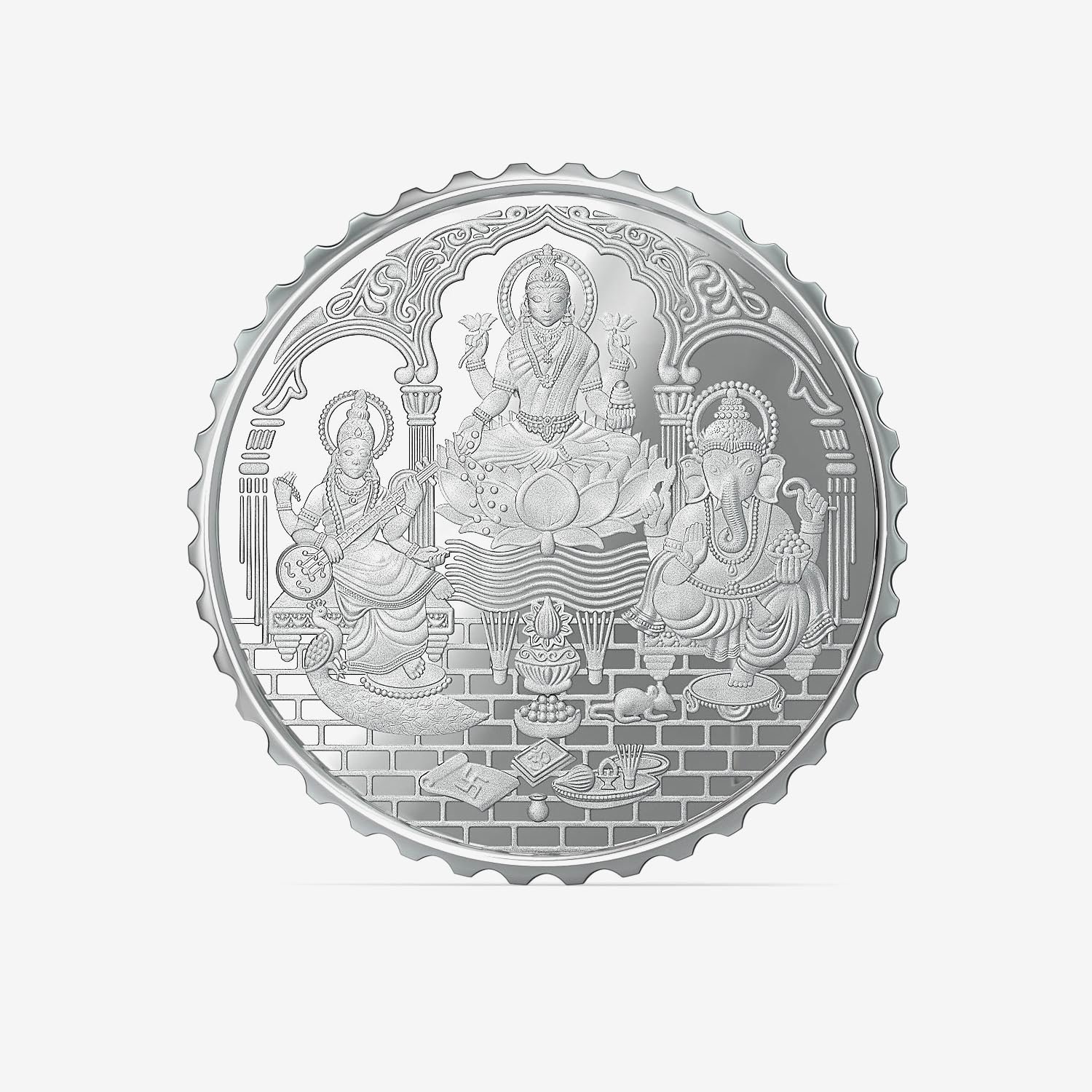 Joyalukkas 999 Purity | Round Shape | Silver Coin | Lakshmi Ganesh Saraswathi Design (10Gram).