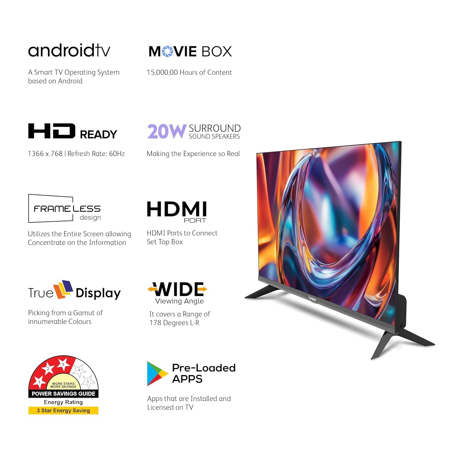 VW 80 cm (32 inches) Frameless Series HD Ready Android Smart LED TV VW32S (Black) - Image 2