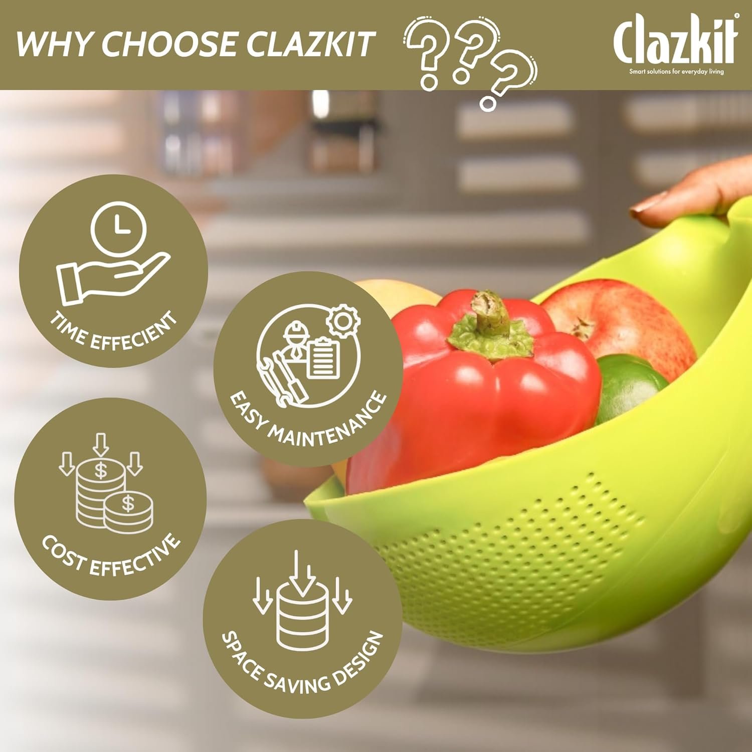 Clazkit Multi-Purpose Strainer or Washer Bowl for Rice Fruits & Vegetable Rice Bowl Color May Vary, Plastic - 10.2 x 17.5 x 24.3 Centimeters - Image 6