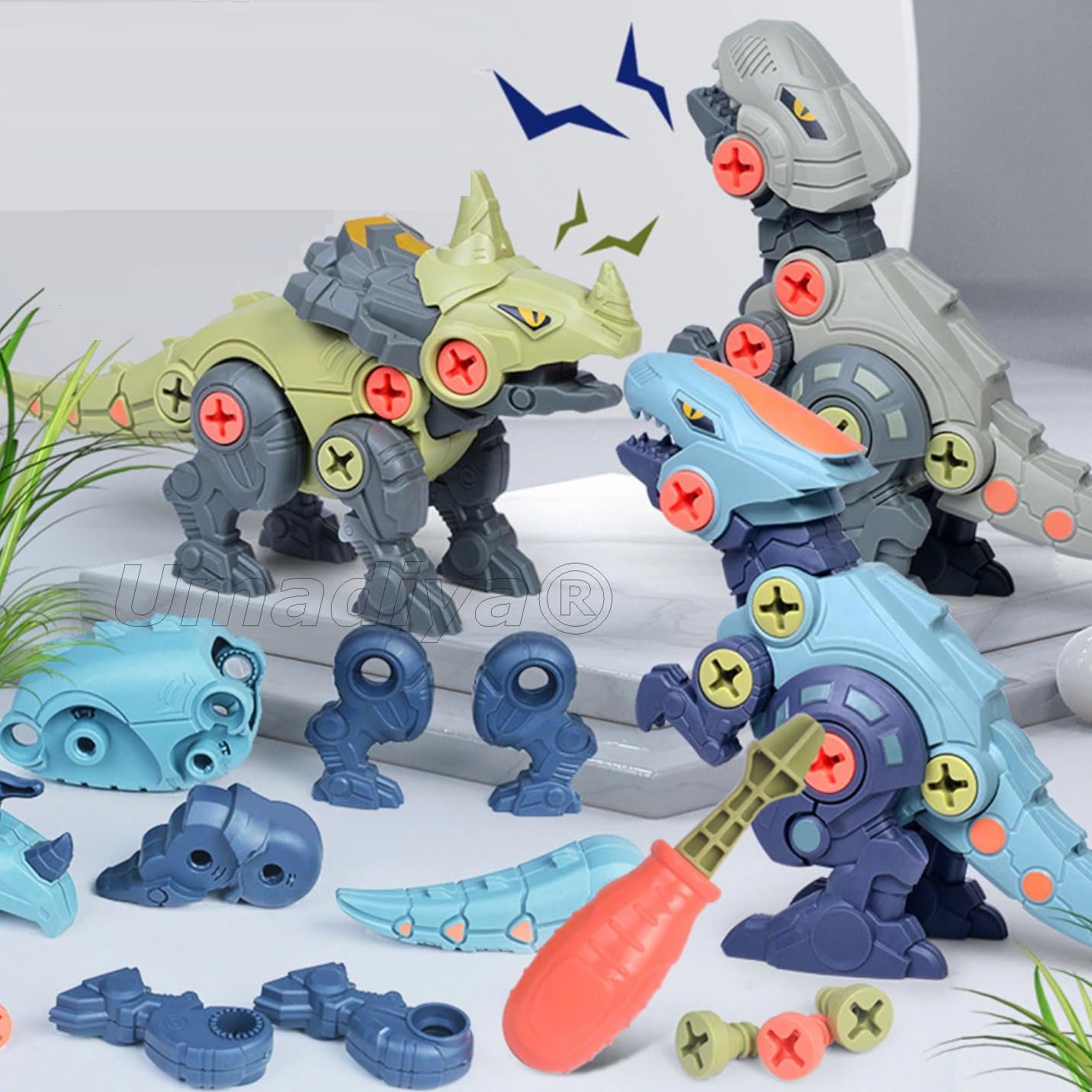 Umadiya® Branded Take Apart Dinosaur Toys, Pack of 4 Dinosaurs with Screwdrivers, Dino Kids Building Learning Toys, STEM Toy for Boys and Girls, 3 4 5 6 7 8 Year Old Boys and Girls (Dino-4)