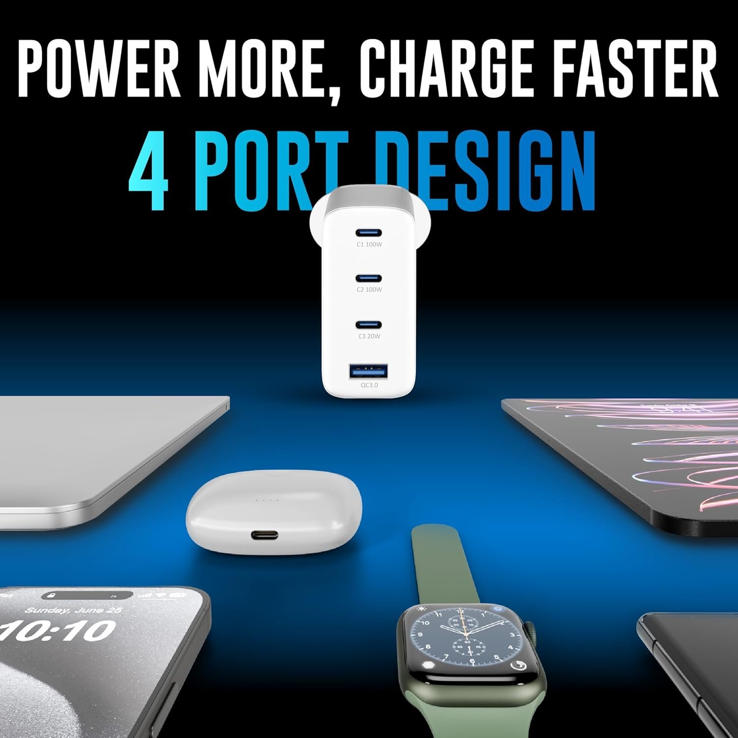 URBN 100W GaN Fast Charger | Quad Port (3 Type-C + 1 Type-A) | QC & PD Compatible | Samsung Super Fast Charging 2.0 | 12-Layer Protection | Compact Travel Adapter for Laptop, iPhone, Samsung, MacBook - Image 6