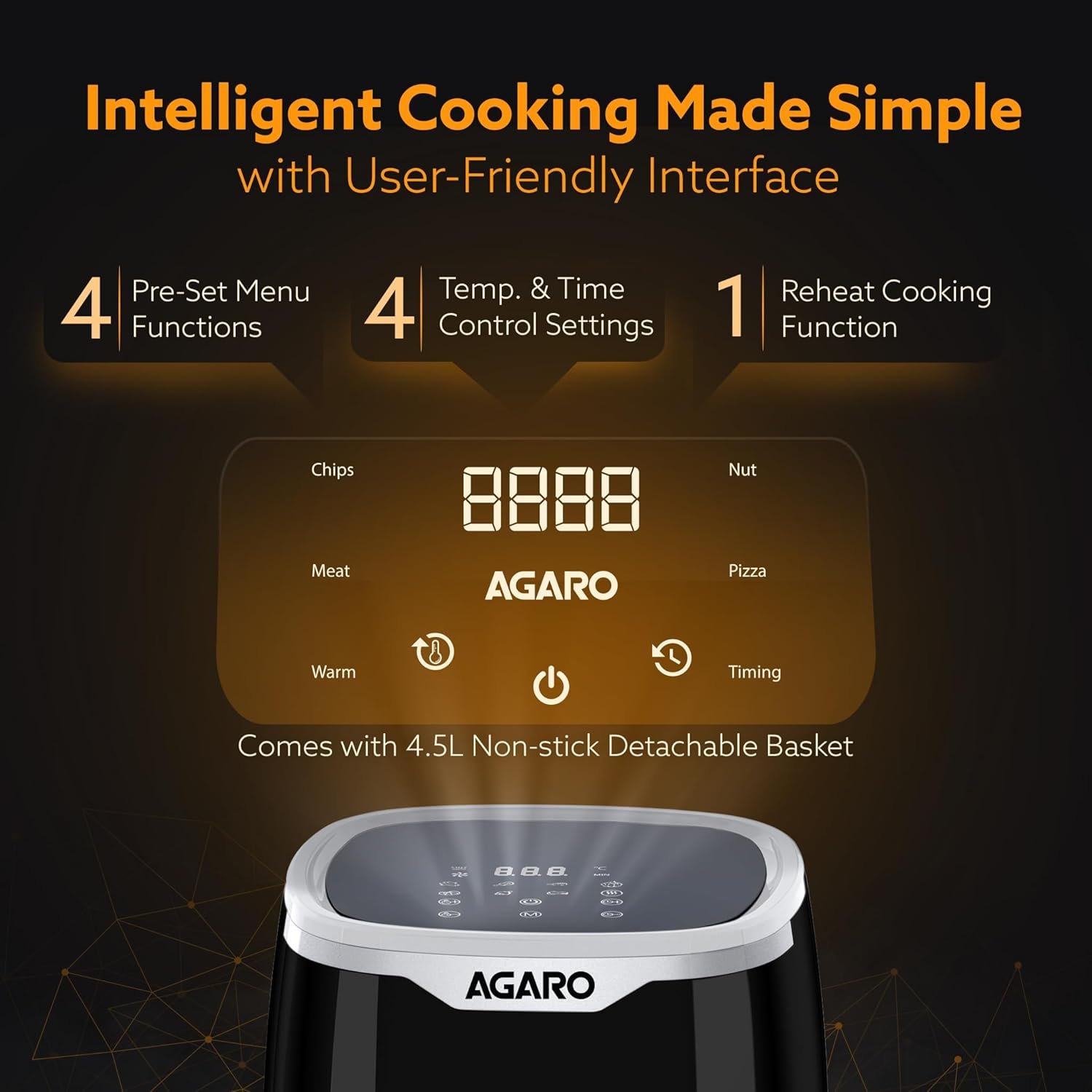 AGARO Galaxy Digital Air Fryer For Home, 4.5L, Electric Air Fryer, Convection Oven, 1400W, 7 Preset Programs & Reheat, 360 Degrees Air Circulation, Digital Touch Display, Bake, Roast, Toast, Black - Image 5