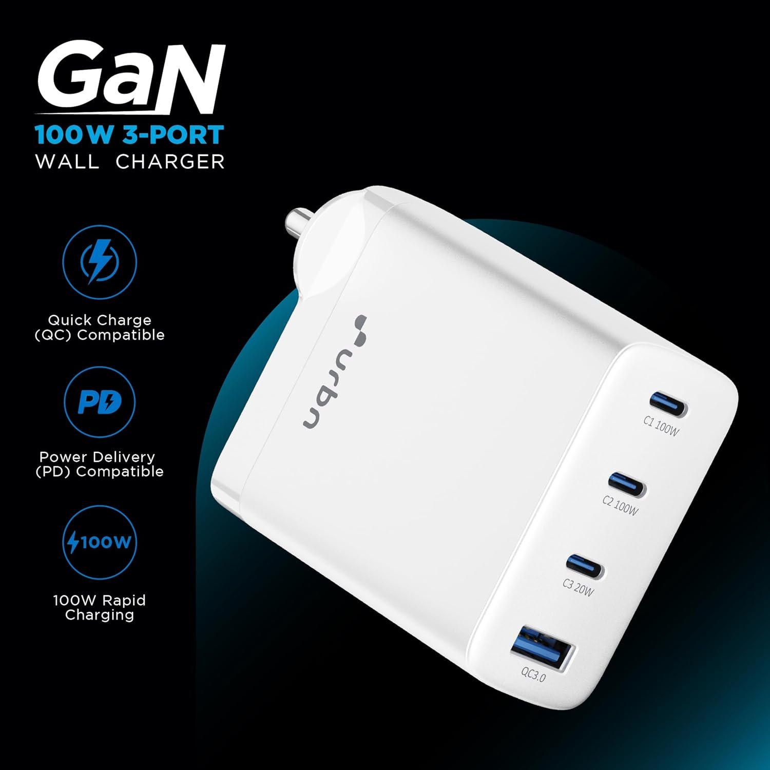 URBN 100W GaN Fast Charger | Quad Port (3 Type-C + 1 Type-A) | QC & PD Compatible | Samsung Super Fast Charging 2.0 | 12-Layer Protection | Compact Travel Adapter for Laptop, iPhone, Samsung, MacBook - Image 2