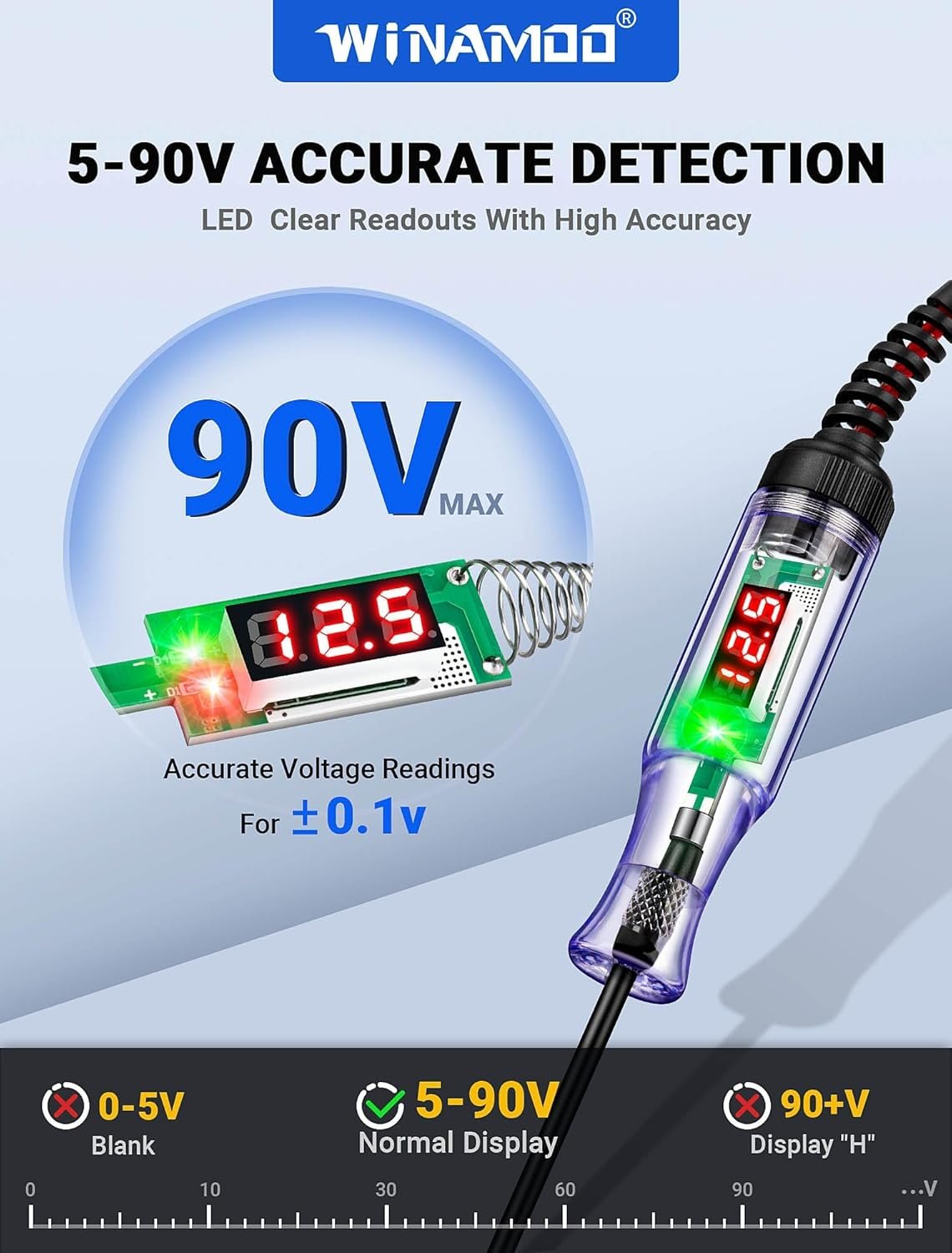 MAKABEE Test Light Automotive 5-90V Digital LED Circuit Tester with Voltage Display, Auto Bidirectional Voltage Tester, Electric Test Pen with Extended Spring Wire & Probe for Car RV Fuse Checker - Image 2