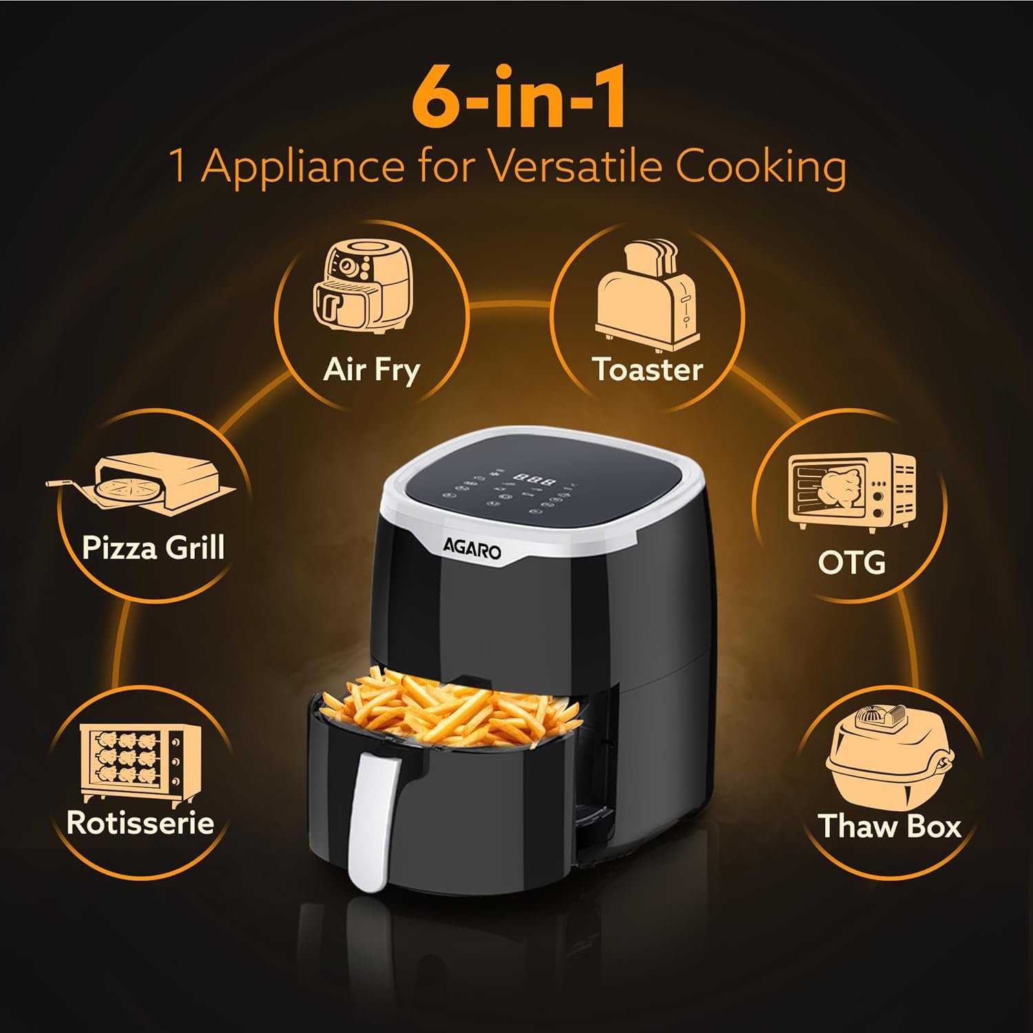 AGARO Galaxy Digital Air Fryer For Home, 4.5L, Electric Air Fryer, Convection Oven, 1400W, 7 Preset Programs & Reheat, 360 Degrees Air Circulation, Digital Touch Display, Bake, Roast, Toast, Black - Image 3