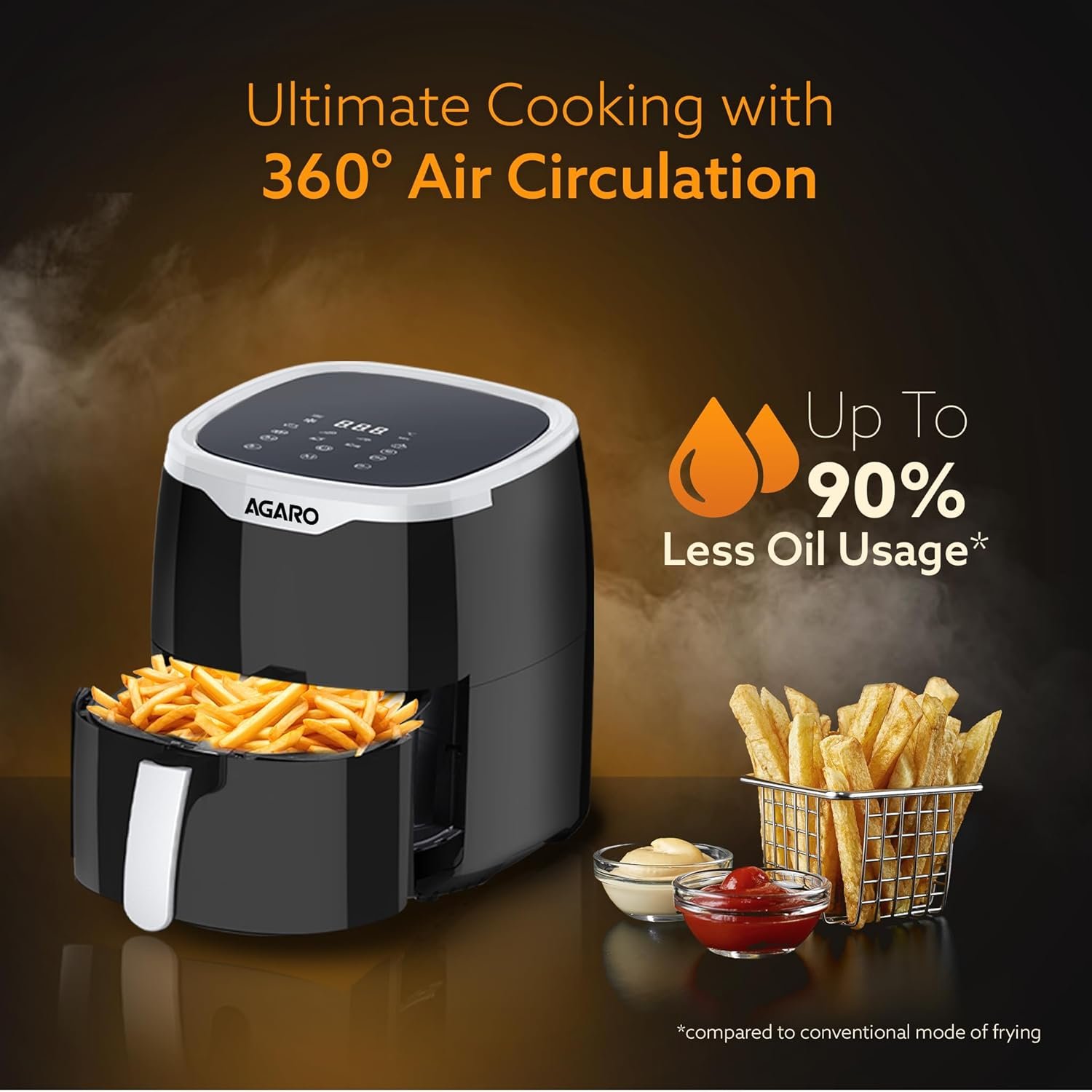AGARO Galaxy Digital Air Fryer For Home, 4.5L, Electric Air Fryer, Convection Oven, 1400W, 7 Preset Programs & Reheat, 360 Degrees Air Circulation, Digital Touch Display, Bake, Roast, Toast, Black - Image 4