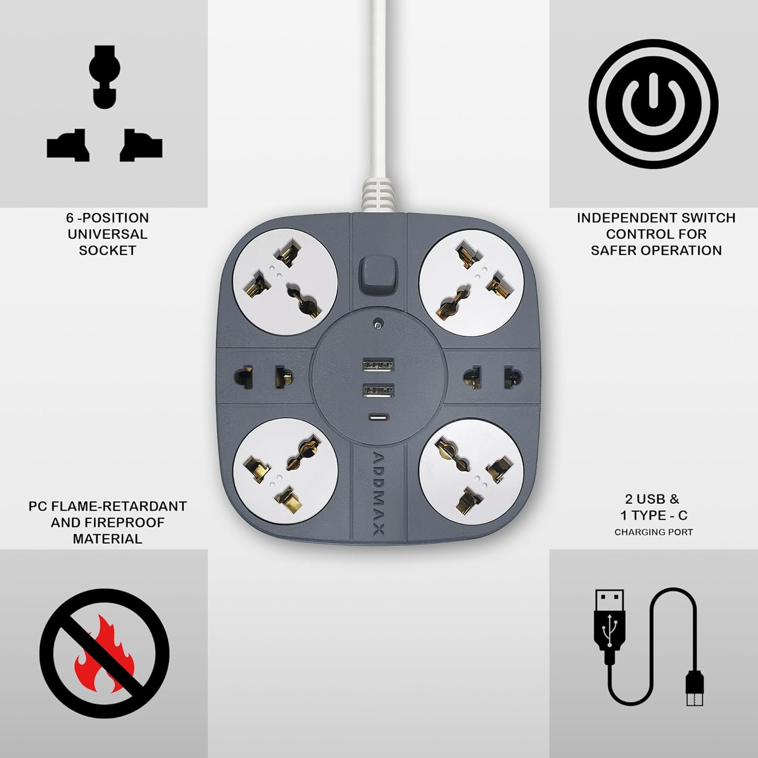 ADDMAX Extension Cord with USB – 6 Power Socket with 2 USB Ports | 1.8 Meter Heavy Duty Cord | 10A 220V Multi Plug Extension Board | Fire Flame Proof Extension Cord for Home & Office – Grey - Image 2