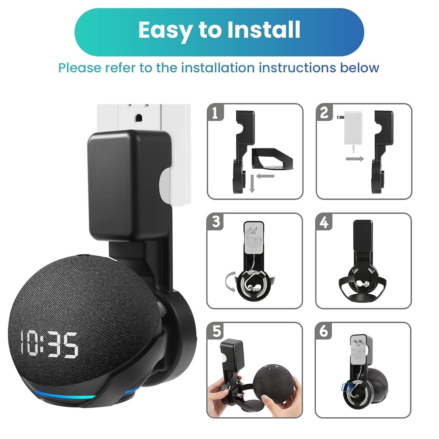 Verilux® Wall Mount Holder for Echo Dot 4th/5th Generation, Wall Holder for Alexa Echo Dot 4th/5th Gen A Space-Saving Solution with Cord Management for Your Smart Home Speakers, Black (Holder Only) - Image 6