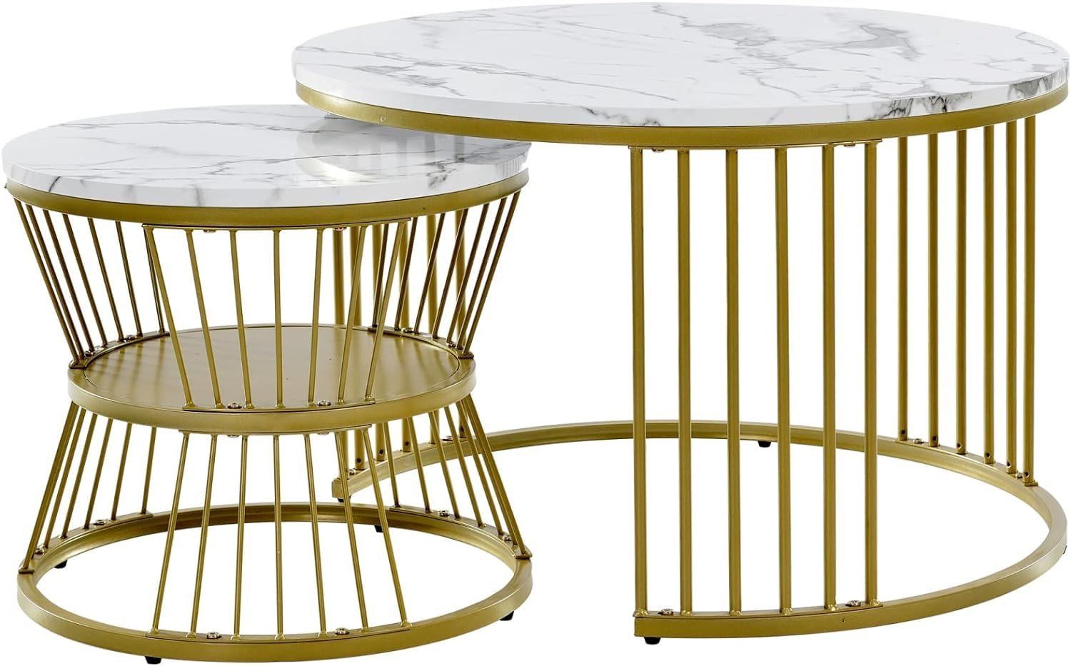 NEST NATURE HAVEN Round Coffee Table, Modern Nestings Table Set of 2, Sofa Side Table with Marble Veneer Top and Metal Frame, End Table for Living Room Bedroom Home or Office (Golden White) - Image 4