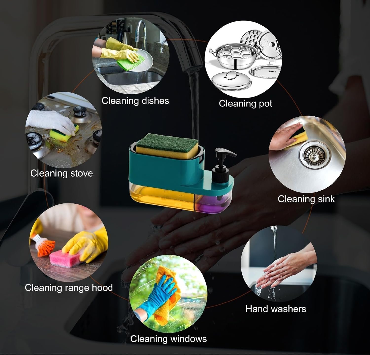 MARKWELL Plastic 3 in 1 Soap Pump Dispenser Dish Soap Liquid Dispenser Sponge Holder Dish Soap Pump Dispenser for Kitchen Sink Countertop Kitchen Bathroom (Multi-Color) - Image 2