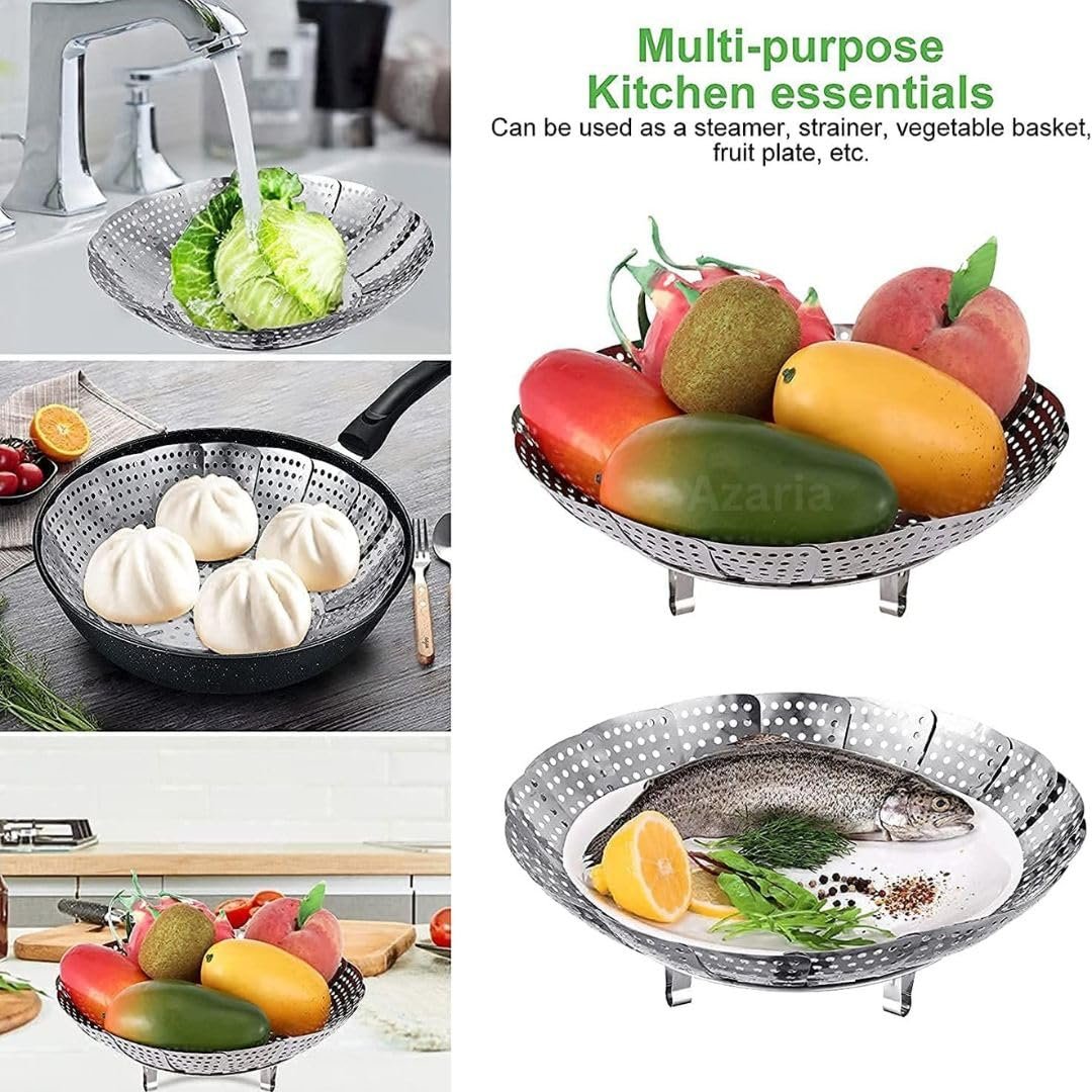 Azaria Vegetable Steamer Basket - Premium Stainless Steel Steamer for Kitchen | Momos Maker Steamer | Folding Expandable Steamer for Vegetables | Vegetable Steamer for Cooking - Image 9