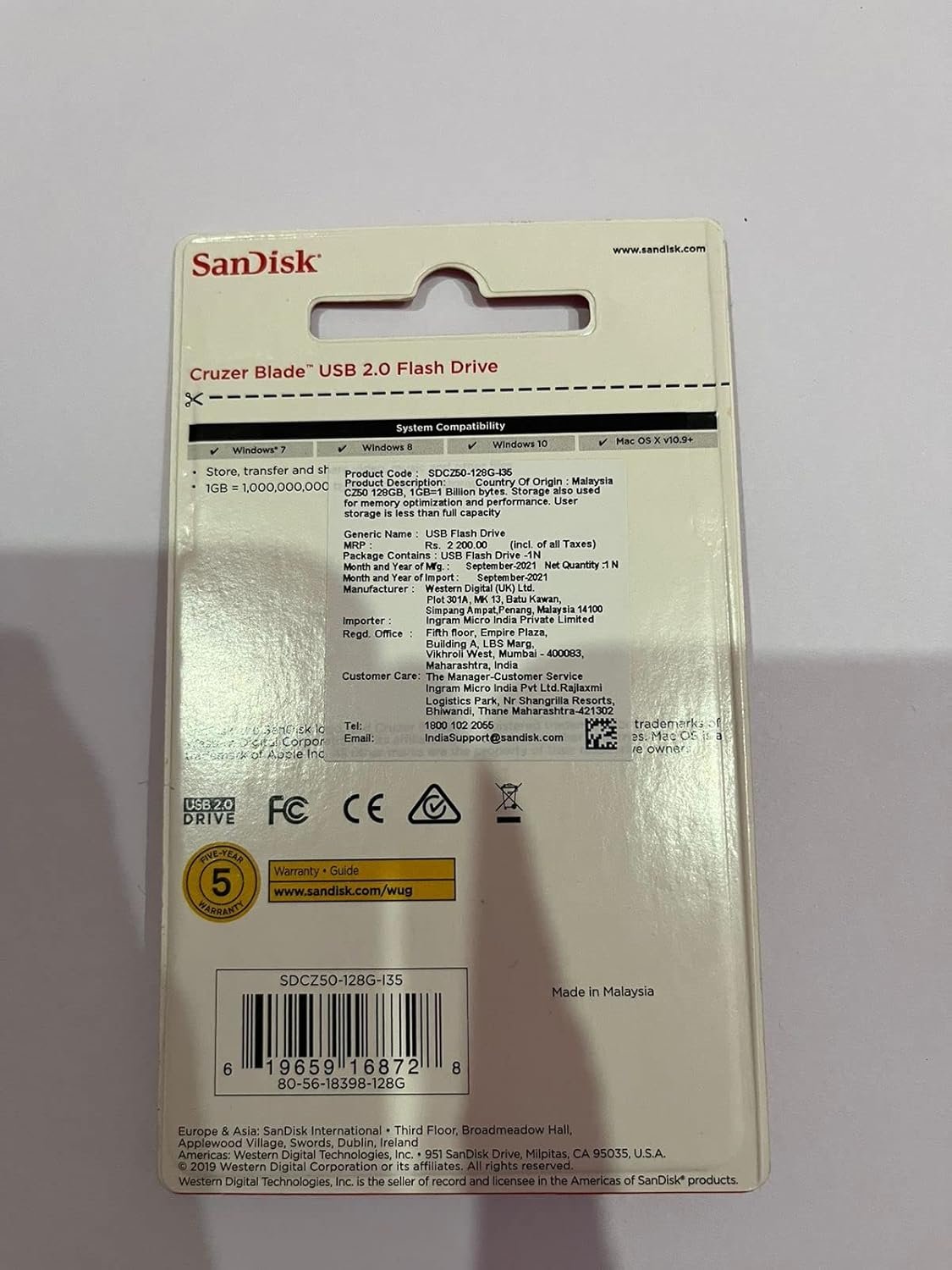 SanDisk Cruzer Blade 128GB, USB 2.0, Flash Drive, Pendrive, Red, 5Y Warranty (SDCZ50-128G-I35) - Image 4