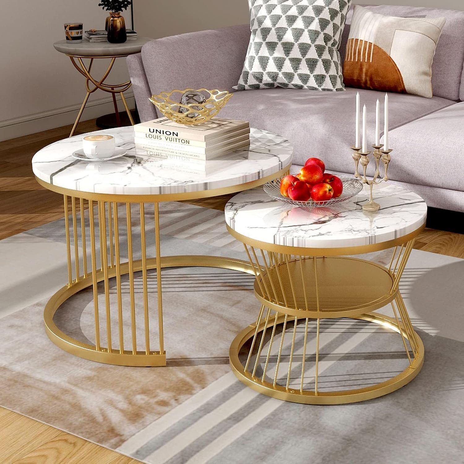 NEST NATURE HAVEN Round Coffee Table, Modern Nestings Table Set of 2, Sofa Side Table with Marble Veneer Top and Metal Frame, End Table for Living Room Bedroom Home or Office (Golden White) - Image 8