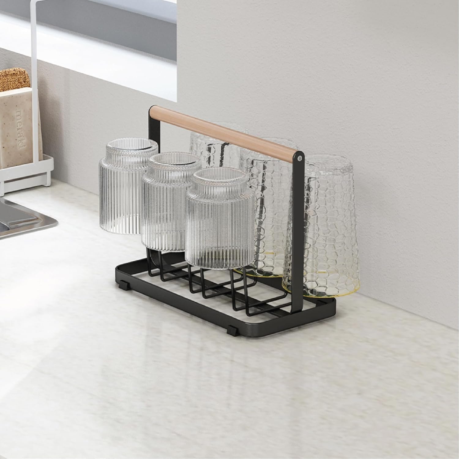 ARHAT ORGANIZERS Glass Stand for Kitchen with Wooden Handle | 6 Glass Cup Drying Rack for Kitchen | Stylish Glass Stand for Kitchen, Dining Table & Countertop | Non Slip Mug Holder Rack (Black)