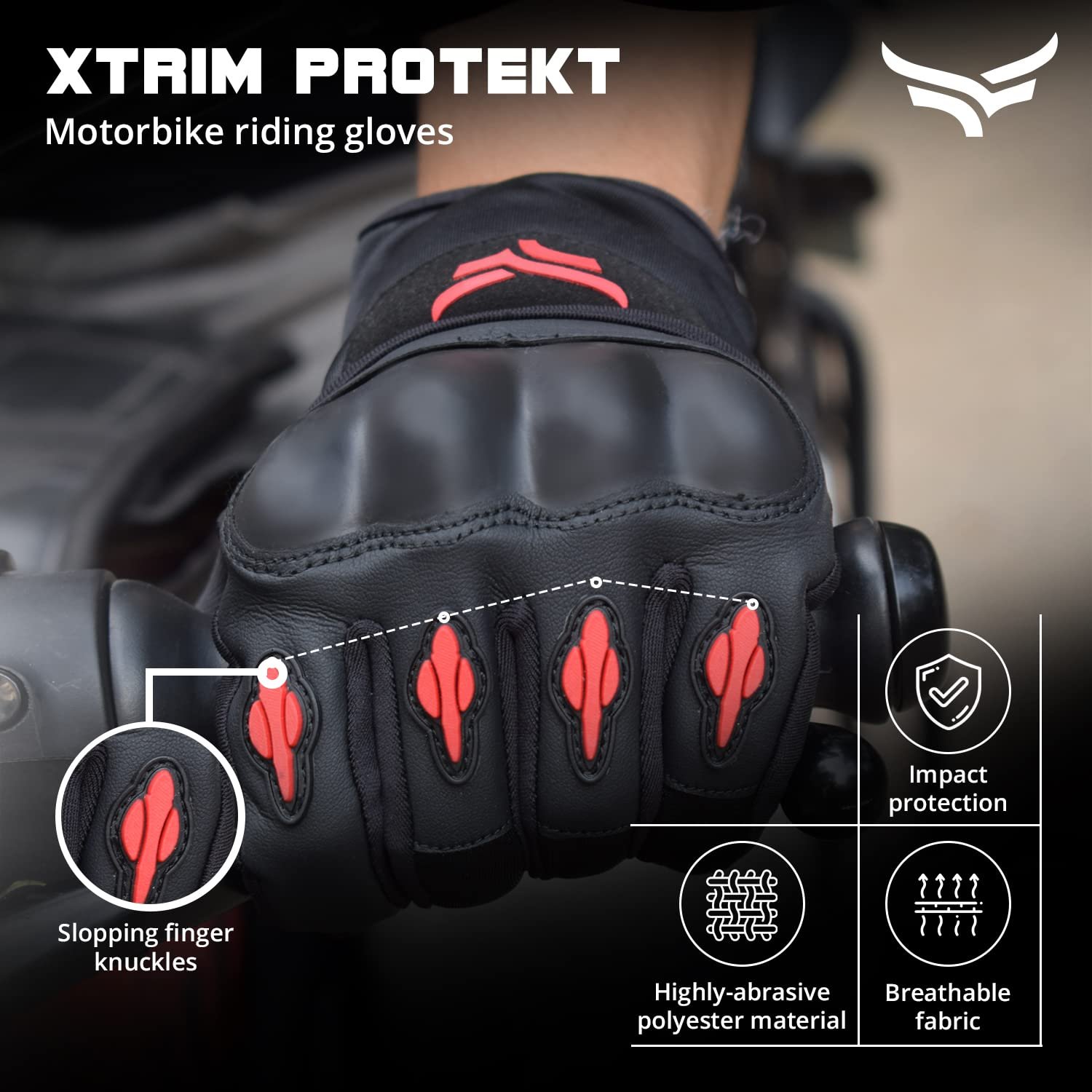 XTRIM Protekt - Universal Bike Riding Gloves for Men (Small) Sloping Finger Knuckles, Bike Accessories, Touchscreen Compatible Fingertips, Suede Padding, Gloves for Protection, Washable (Black & Red)