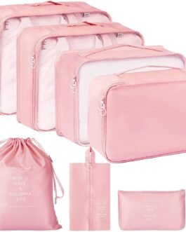TS WITH TECHSUN Travel Organizer 7 in 1 Travel Laundry Cosmetics Luggage Packing Organizers Set Makeup Bags Organizer Packing Cubes with Shoe Bag for Travel, Nylon (Pink)