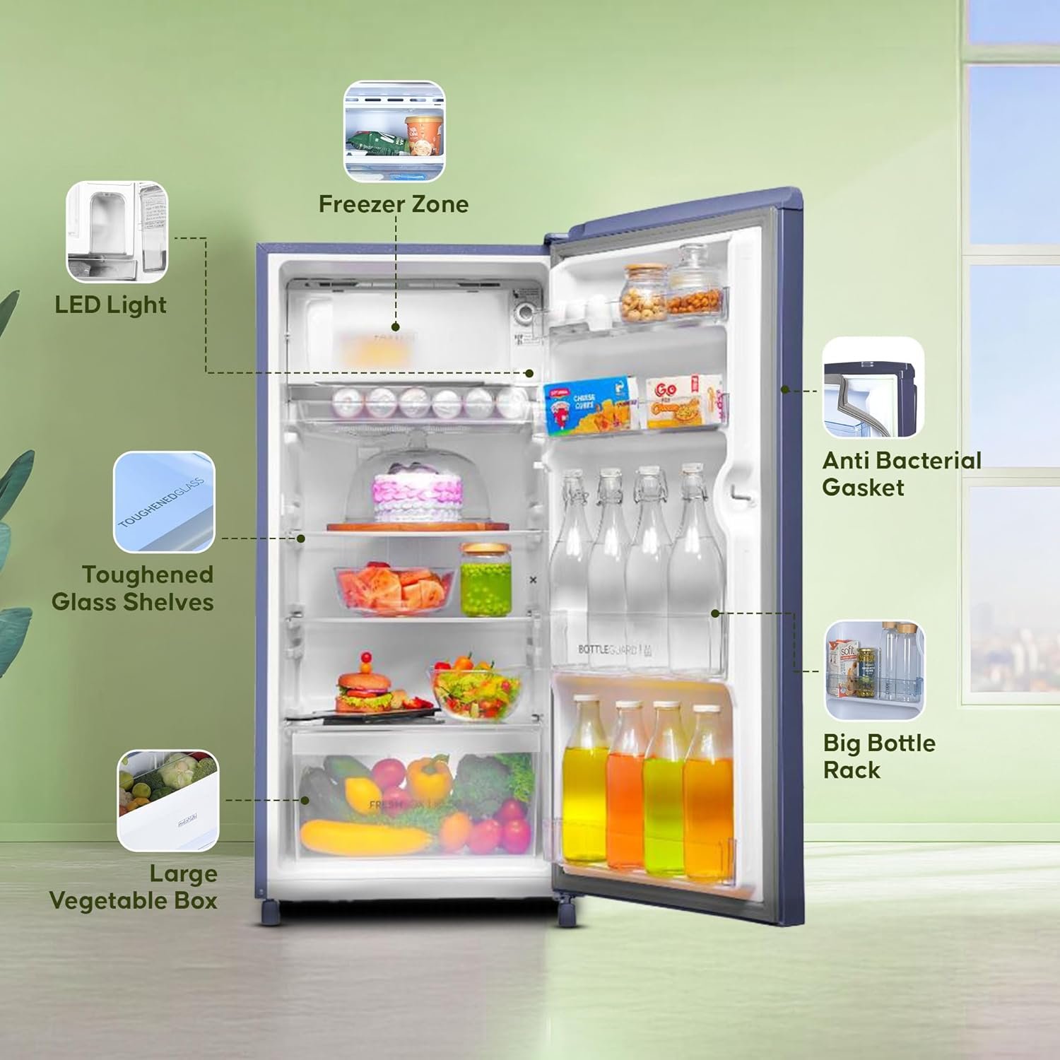 Haier 185 L, 2-Star Direct-Cool Single Door Refrigerator with DEFT Technology & Large Vegetable Box (HED-19TRB-N, Radish Blue) - Image 5