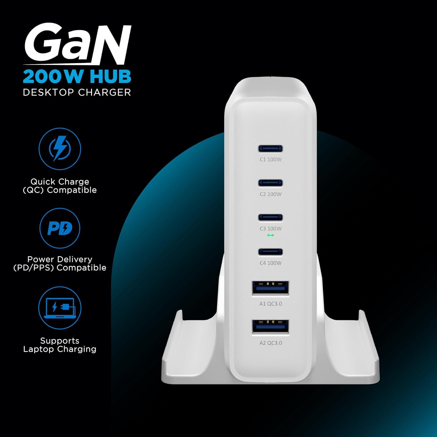 URBN 200W GaN Power Hub | 6-Port Desktop Charger (4 USB-C + 2 USB-A) | QC, PD & PPS Compatible | Super Fast Charging 2.0 | 12-Layer Protection | 1.5M Power Cord for Laptop, iPhone, Samsung, MacBook - Image 2