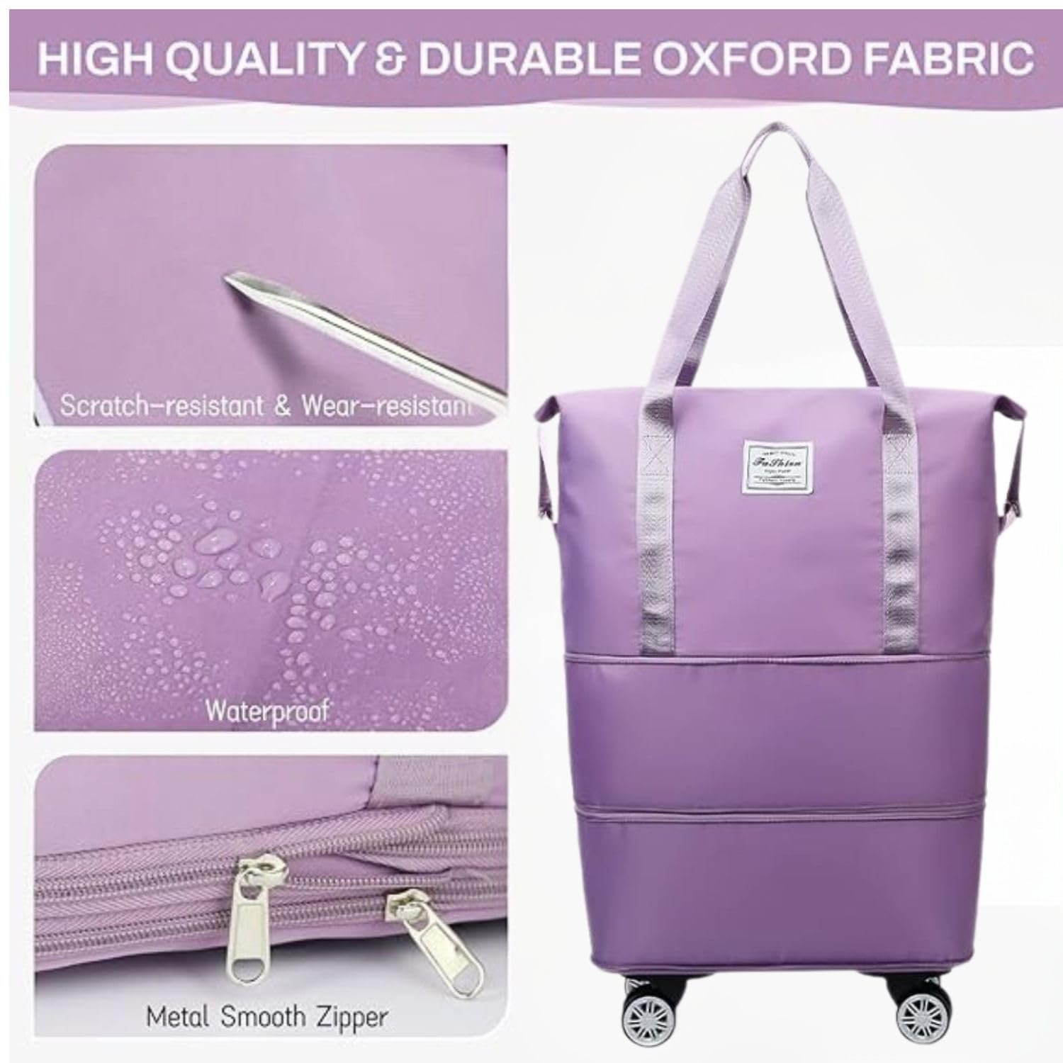 Wazdorf Duffle Bags for Travelling– Foldable Travel Bag with Wheels | Expandable Trolley Luggage for Men & Women | Convertible Carry-On with Strap | Duffle Bags for Men 360° Wheels (Purple) - Image 7