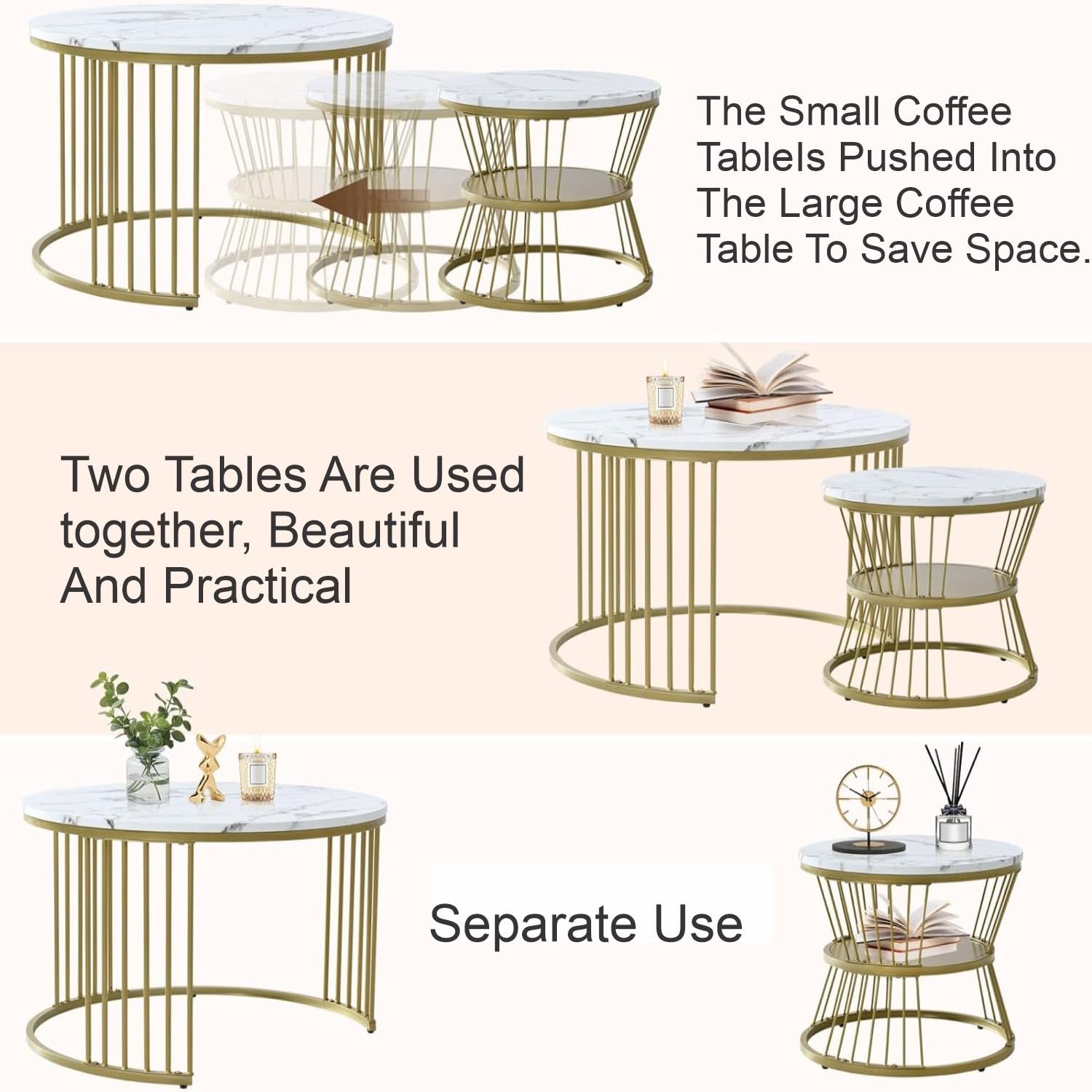 NEST NATURE HAVEN Round Coffee Table, Modern Nestings Table Set of 2, Sofa Side Table with Marble Veneer Top and Metal Frame, End Table for Living Room Bedroom Home or Office (Golden White) - Image 5