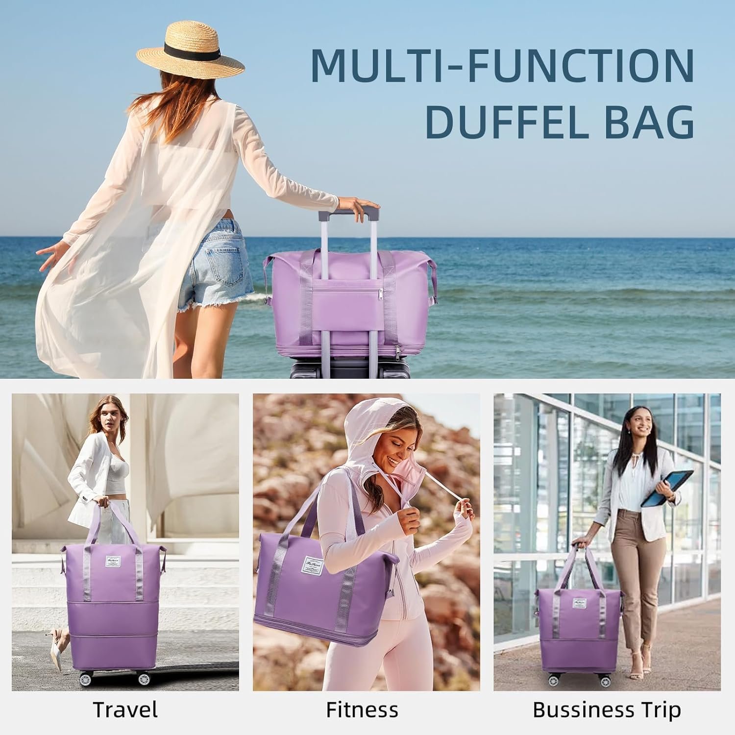 Wazdorf Duffle Bags for Travelling– Foldable Travel Bag with Wheels | Expandable Trolley Luggage for Men & Women | Convertible Carry-On with Strap | Duffle Bags for Men 360° Wheels (Purple) - Image 6