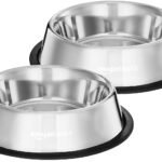 Amazon Basics Stainless Steel Pet Feeding Bowls for Dogs and Cats | Set of 2 | 700 ml Each | Dry Kibble, Wet Food, Water Bowl | No-Tip, Non Sliding Design | Dishwasher Safe