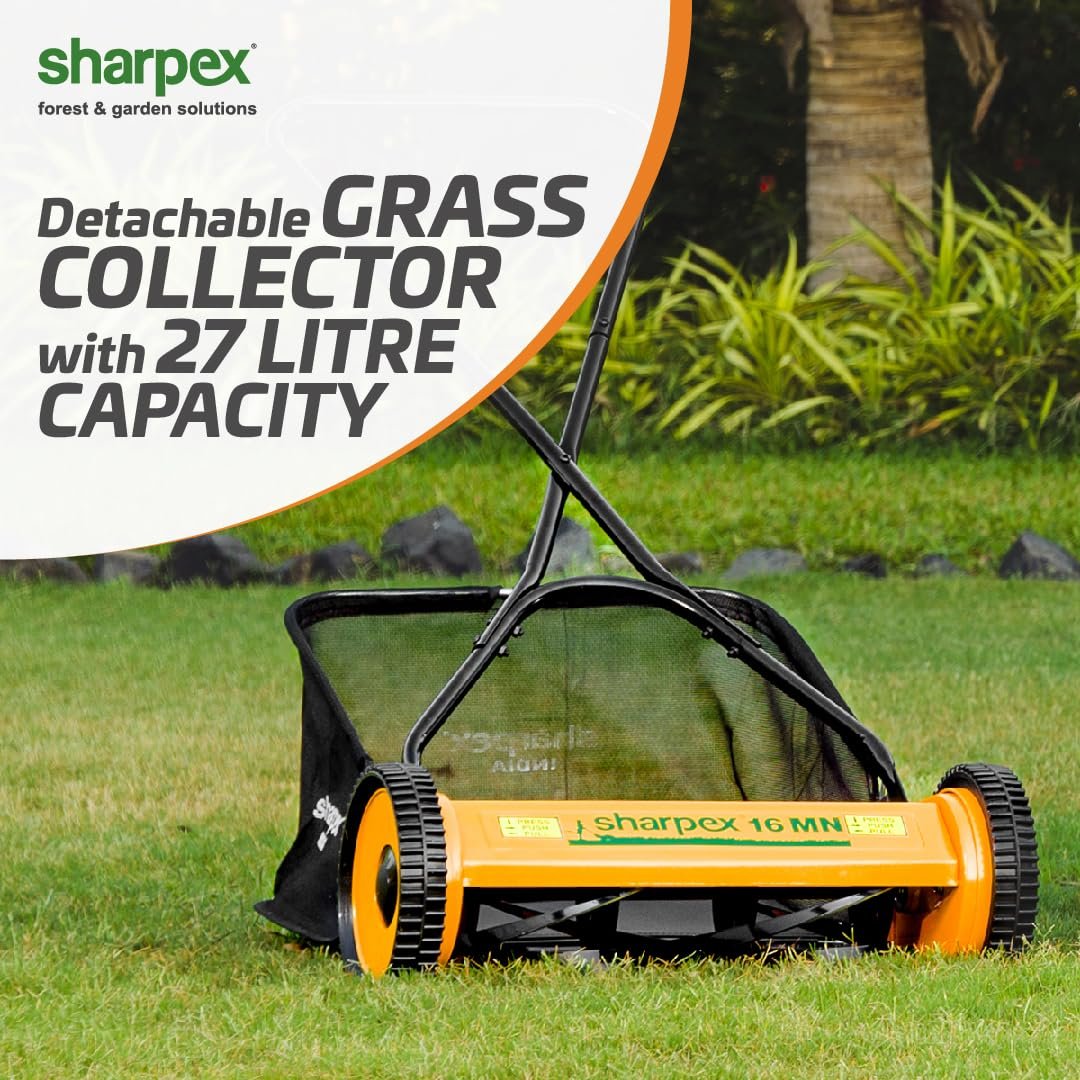 Sharpex Push Manual Lawn Mower with Grass Catcher | 16-Inch Reel Classic Grass Cutter with Metal Gear and 5-Position Height Adjustment for Home Garden | Not Recommended for Carpet Lawn (Yellow) - Image 4