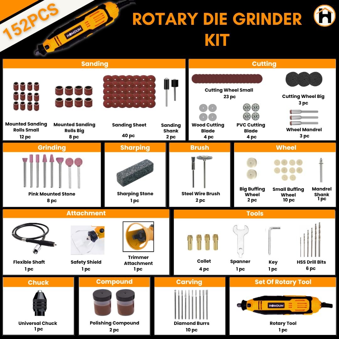 Homdum 152Pcs Universal Chuck Rotary Tool Kit Die Grinder 160W with 6 Variable Speed, Cutting,Sanding, Polishing, Engraving, Carving Tools for DIY Crafting and Home Repair Projects 6 months warranty - Image 7