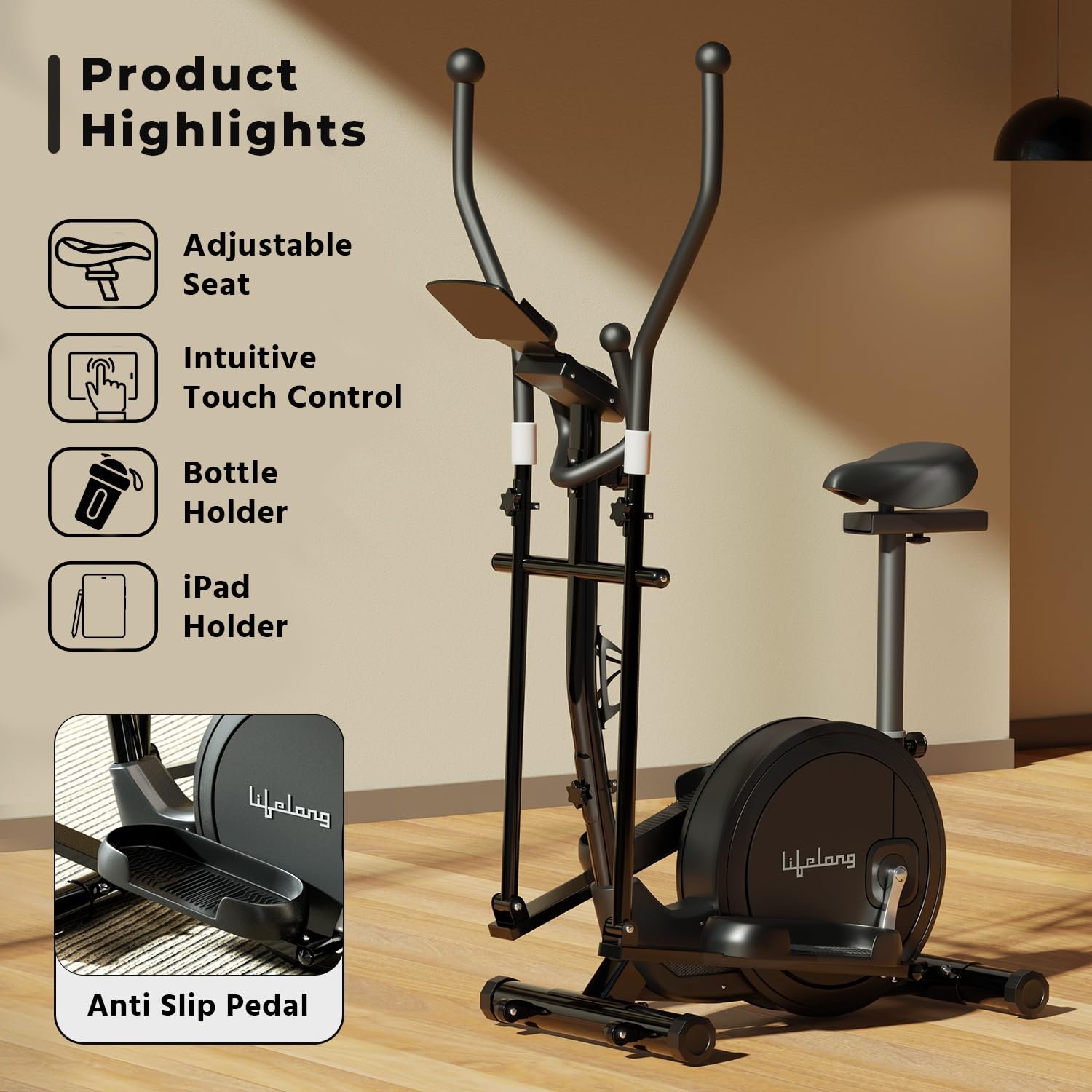 Lifelong Elliptical Cross Trainer Bike for Home Use | Cycling Machine | Exercise Machine with Touch LED Screen Display, Adjustable Seat |6kg Flywheel|Magnetic Adjustable Resistance & iPad Holder-Black - Image 2