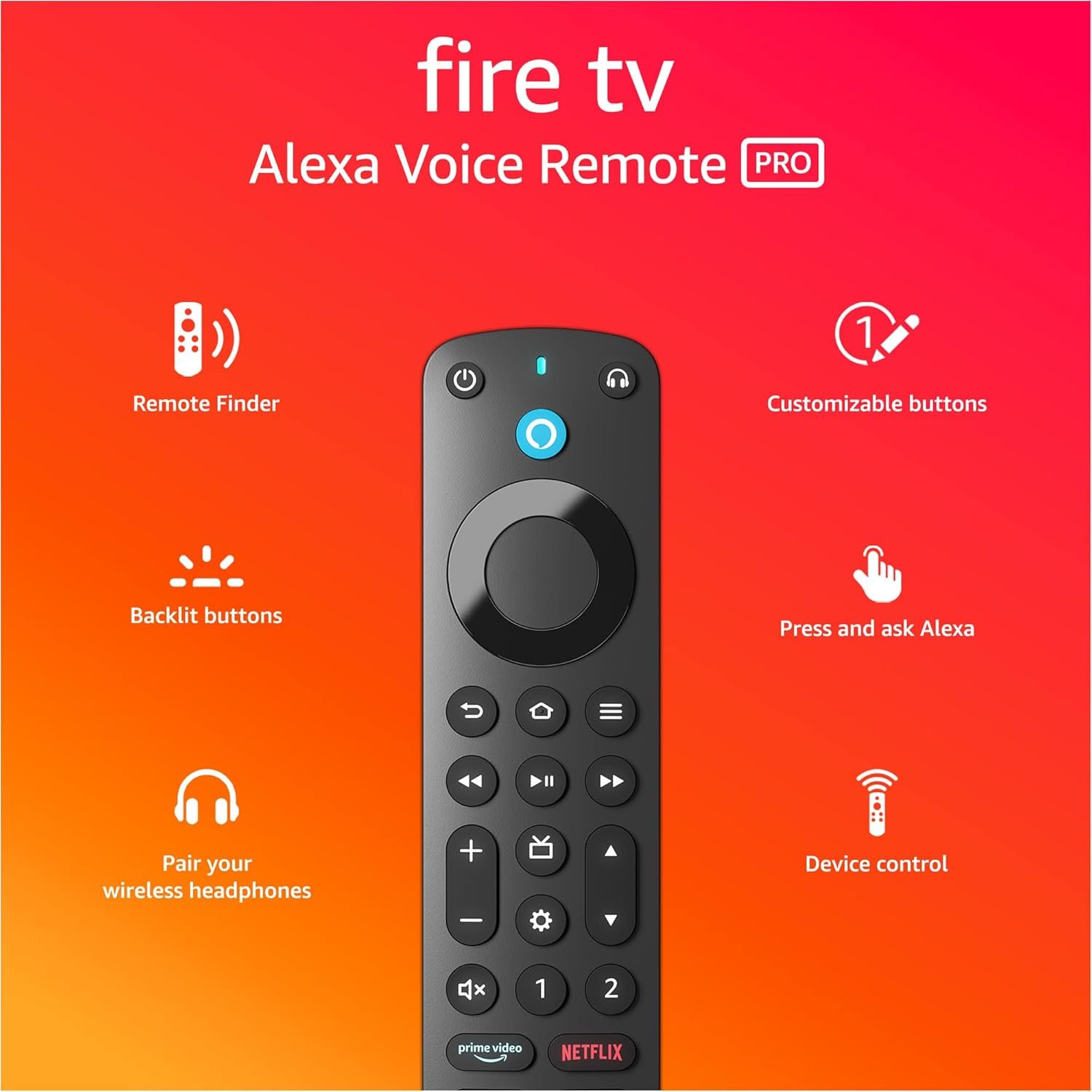 Introducing Alexa Voice Remote Pro, includes remote finder, TV controls, backlit buttons, requires compatible Fire TV device