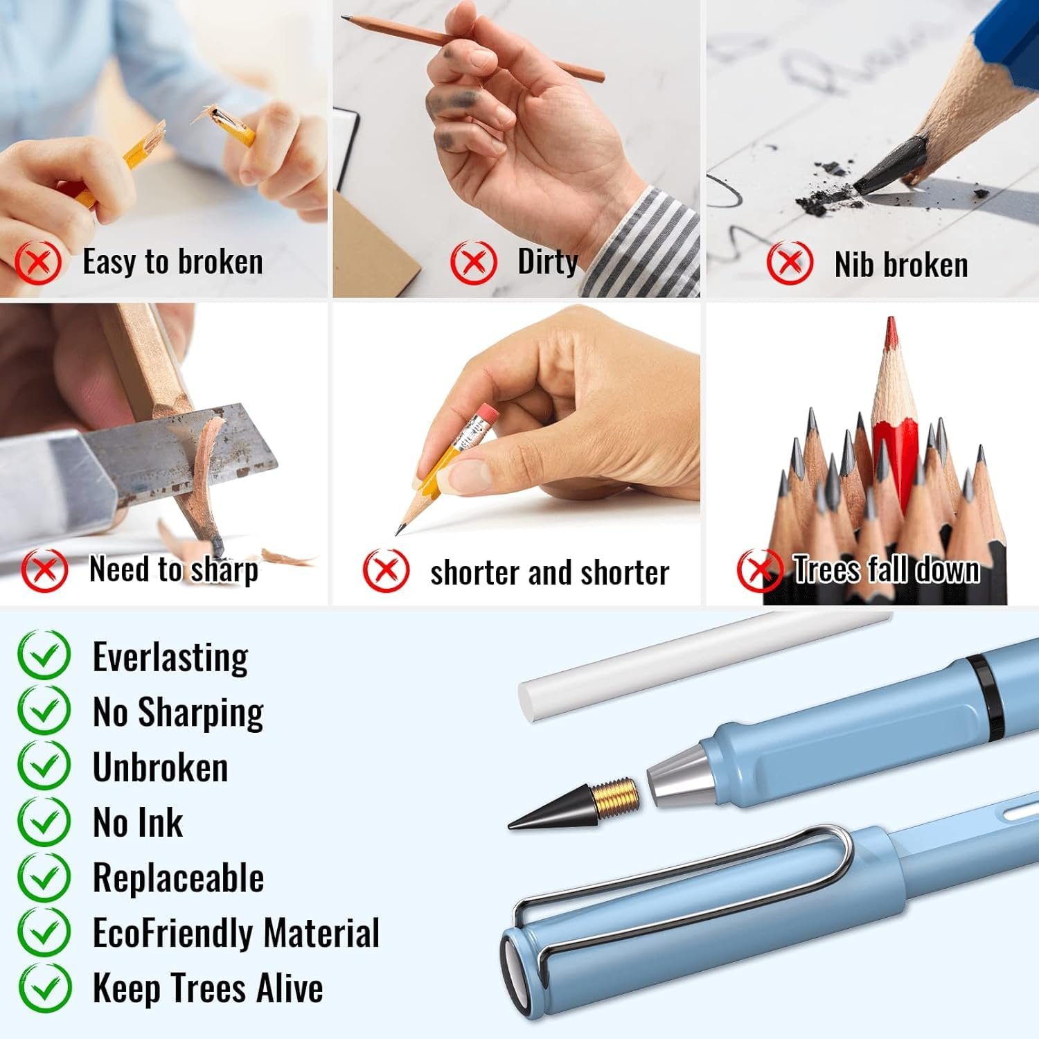 SHUTTLE ART 2pcs Eternal Inkless Pencil, Permanent No Sharpening, Everlasting Writing Pen for Children School Artists Sketch Drawing, Grey - Image 9