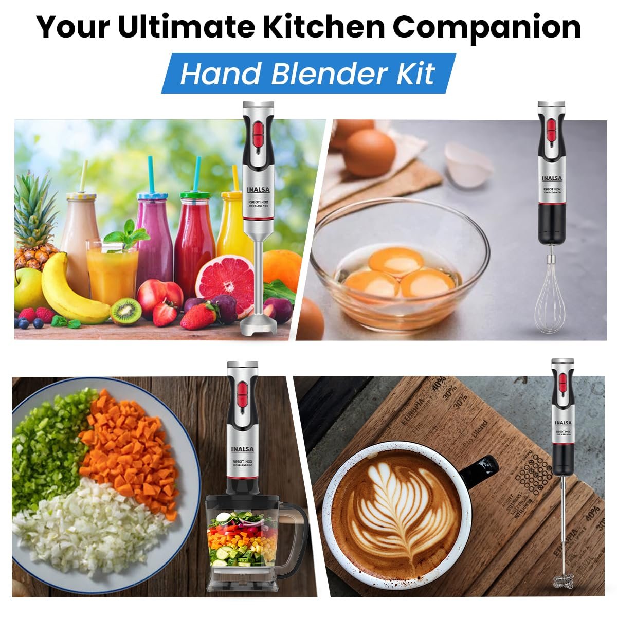 INALSA Hand Blender Mixer|1800W DC Motor|Chopping,Whisking,Frothing,Multipurpose Jar & 2Ready To Go Bottles|20 Speed Control With Turbo Speed|Stainless Steel Rod&Blades|2 Yr Warranty,1800 Blend N Go - Image 8