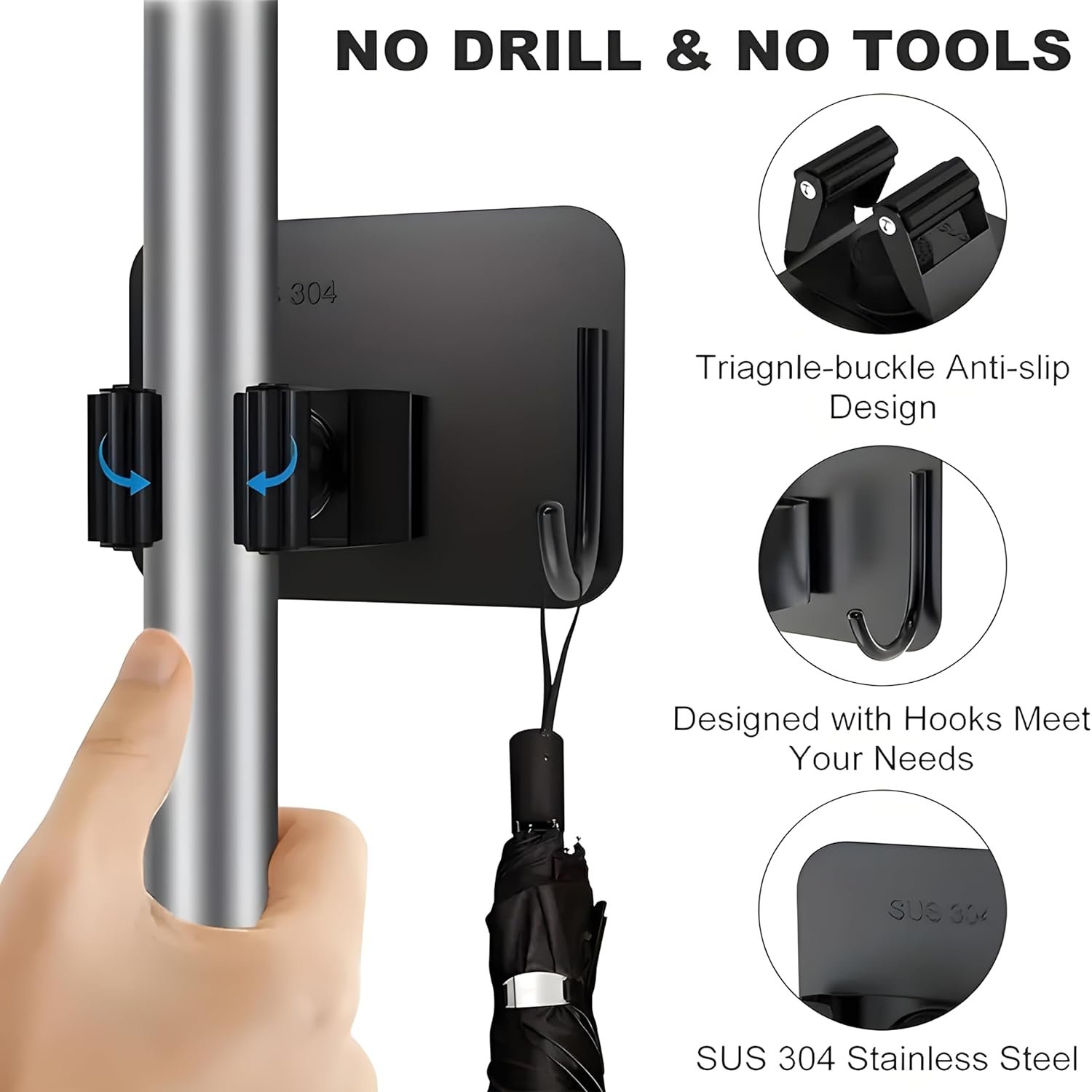 JIALTO 2 Pieces Stainless Steel Broom Holder with Hook - Wall-Mounted Adhesive Waterproof Rustproof Heavy Duty Broom and Mop Stick Holder for Home, Kitchen, - Image 6