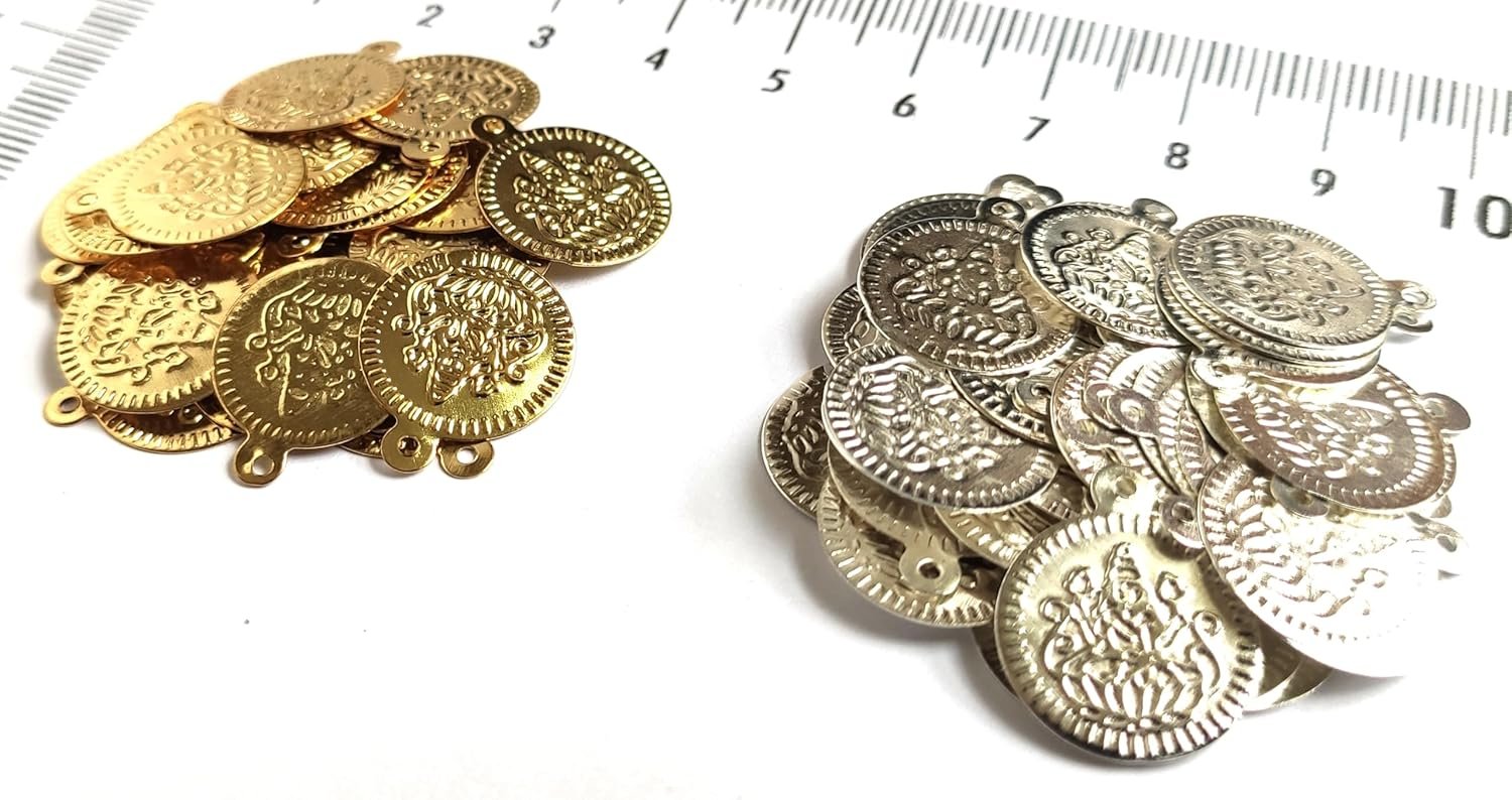 GoSetGet!(500 pcs) 14 MM Gold (250pcs) & Silver (250pcs) Lakshmi Kasu/Coin Coated Metal Beads for Embroidery, Jewelry & Arts (Gold_Silver-500)